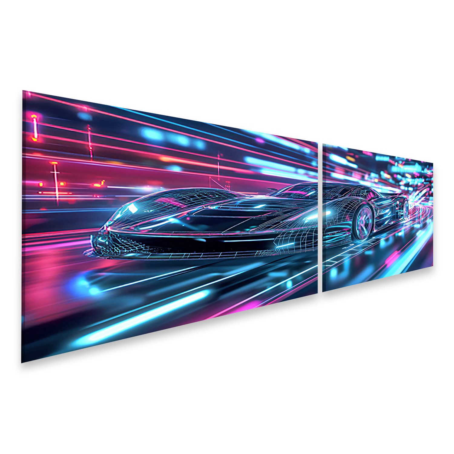 islandburner Leinwandbild, Futuristisches Auto in neon beleuchteter Stadt
