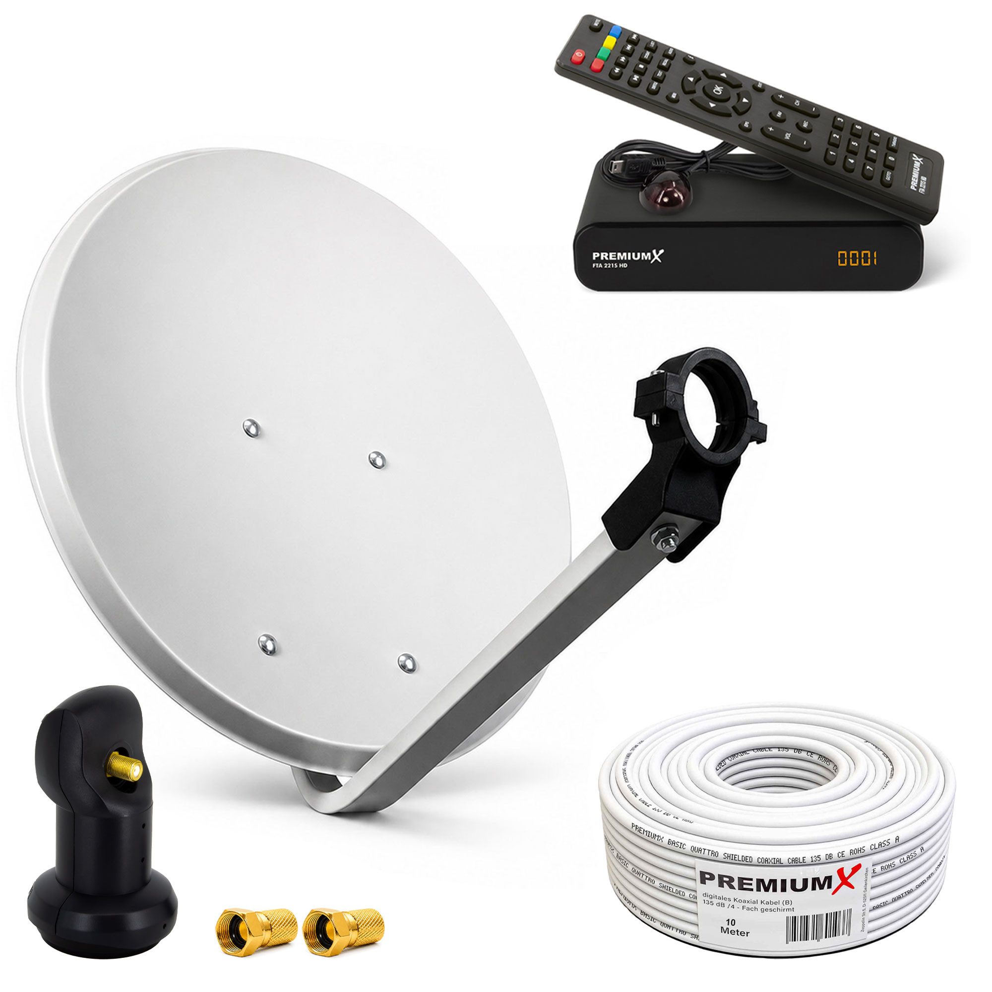 PremiumX Satelliten-Komplettanlage 60cm Single LNB 10m Sat-Kabel Sat-Receiver SAT-Antenne