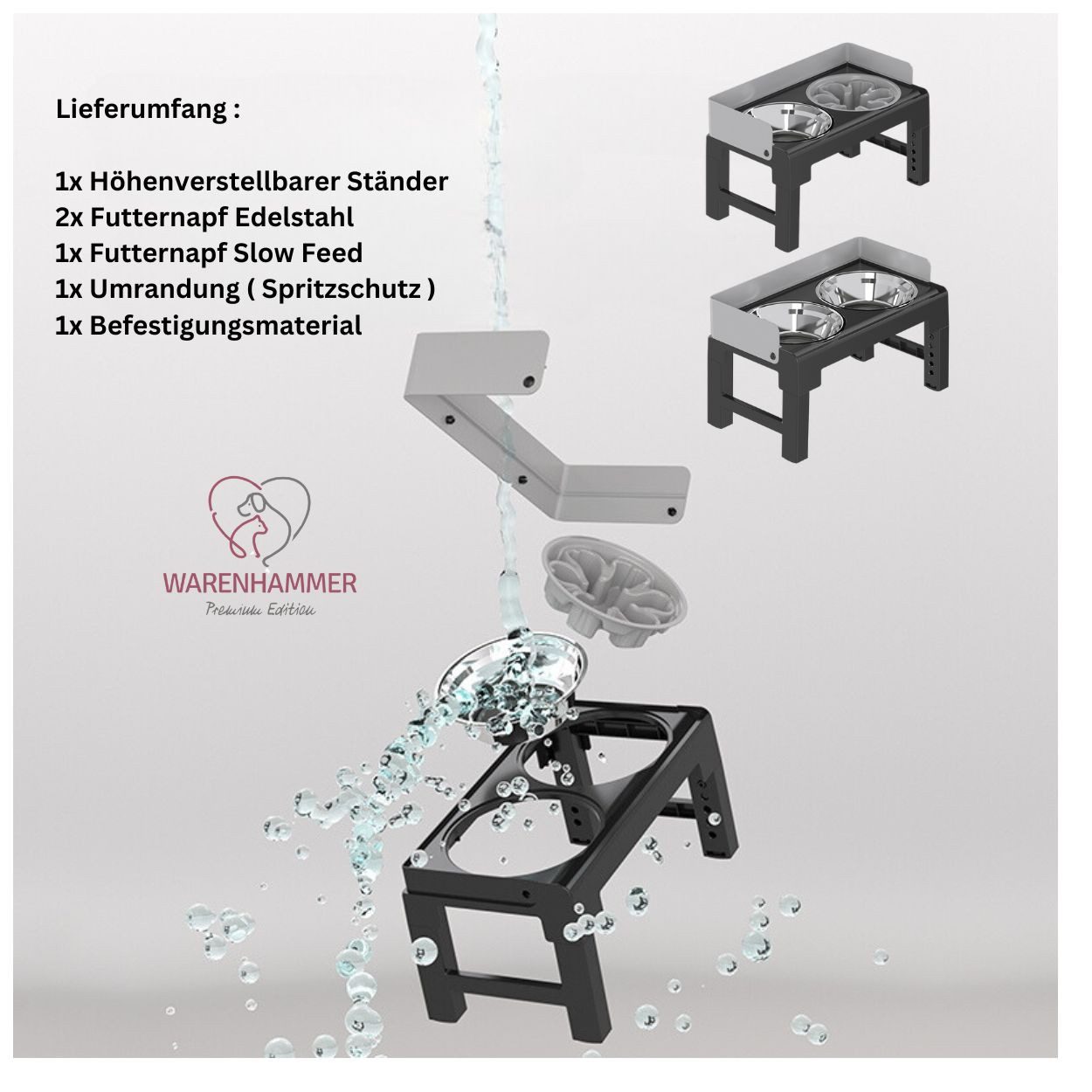 Warenhammer Futternapf Hundenapf höhenverstellbar erhöht 3 in 1 Napf-Set Premium Qualität, Edelstahl, Set mit 3 Näpfen, Gummifüße, neigbar, rutschfest