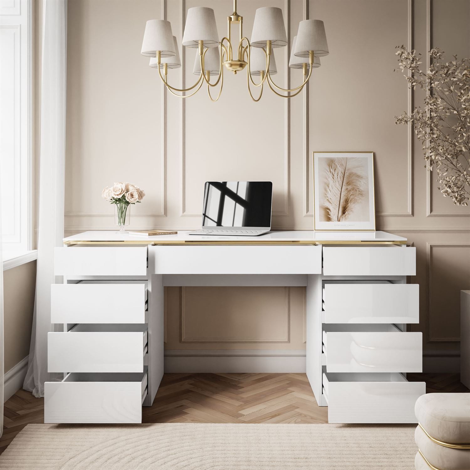 Lookway Schreibtisch AURORA DOUBLE GOLD mit Schubladen (1x Schreibtisch), Breite: 157cm