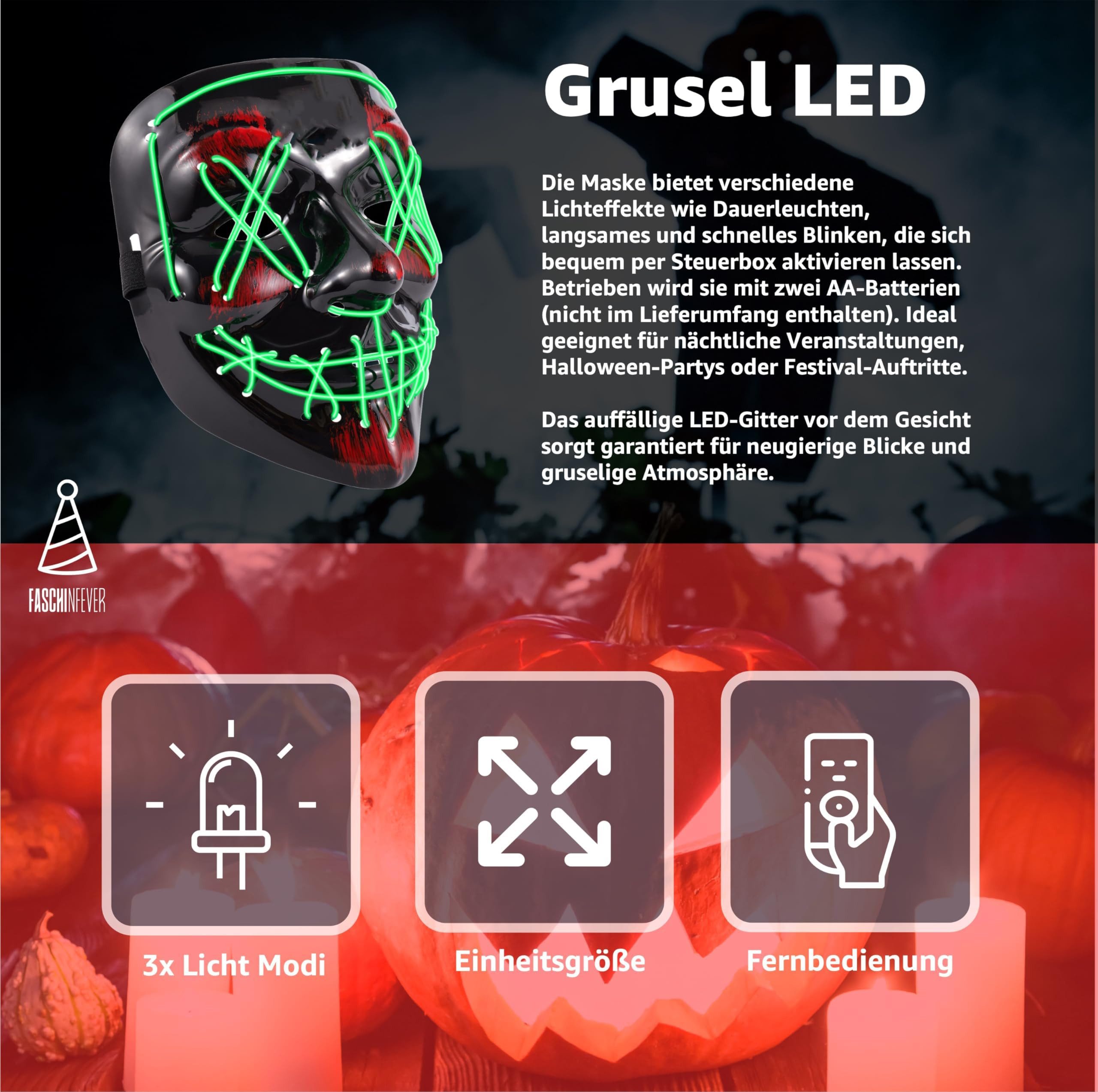 FASCHINFEVER Verkleidungsmaske LED Purge Maske - Halloween Kostüm Herren Halloween Maske, (Packung), mit Lichteffekten