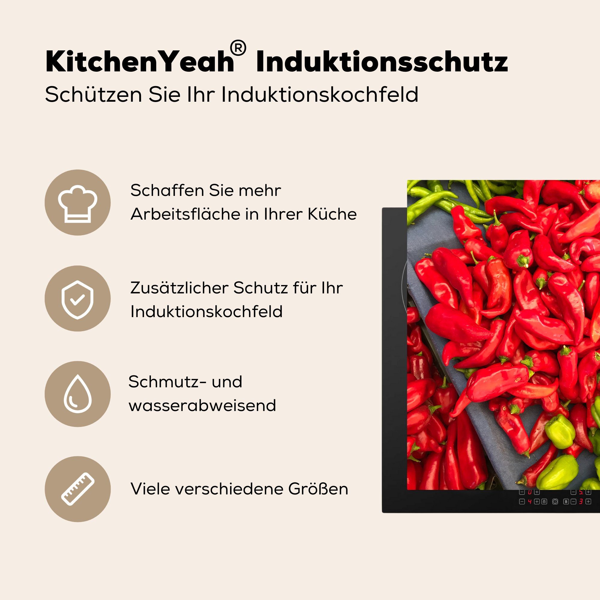 MuchoWow Herdblende-/Abdeckplatte dem roten, für zwischen Gemüse schöner und (1 grünen küche Arbeitsplatte Vinyl, Ceranfeldabdeckung, dem Ein Kontrast tlg), cm, 78x78