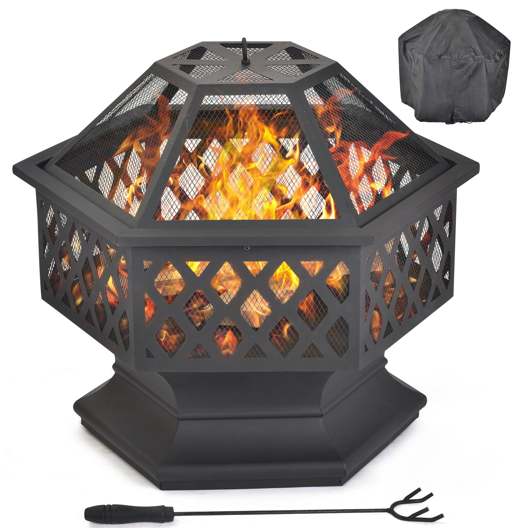 Merax Feuerschale 3 in 1 für Camping oder Heizung, Feuerstelle mit Grillrost, Seckseckig mit Funkenschutz, Stahl Garten Terasse Feuerkorb fire pit