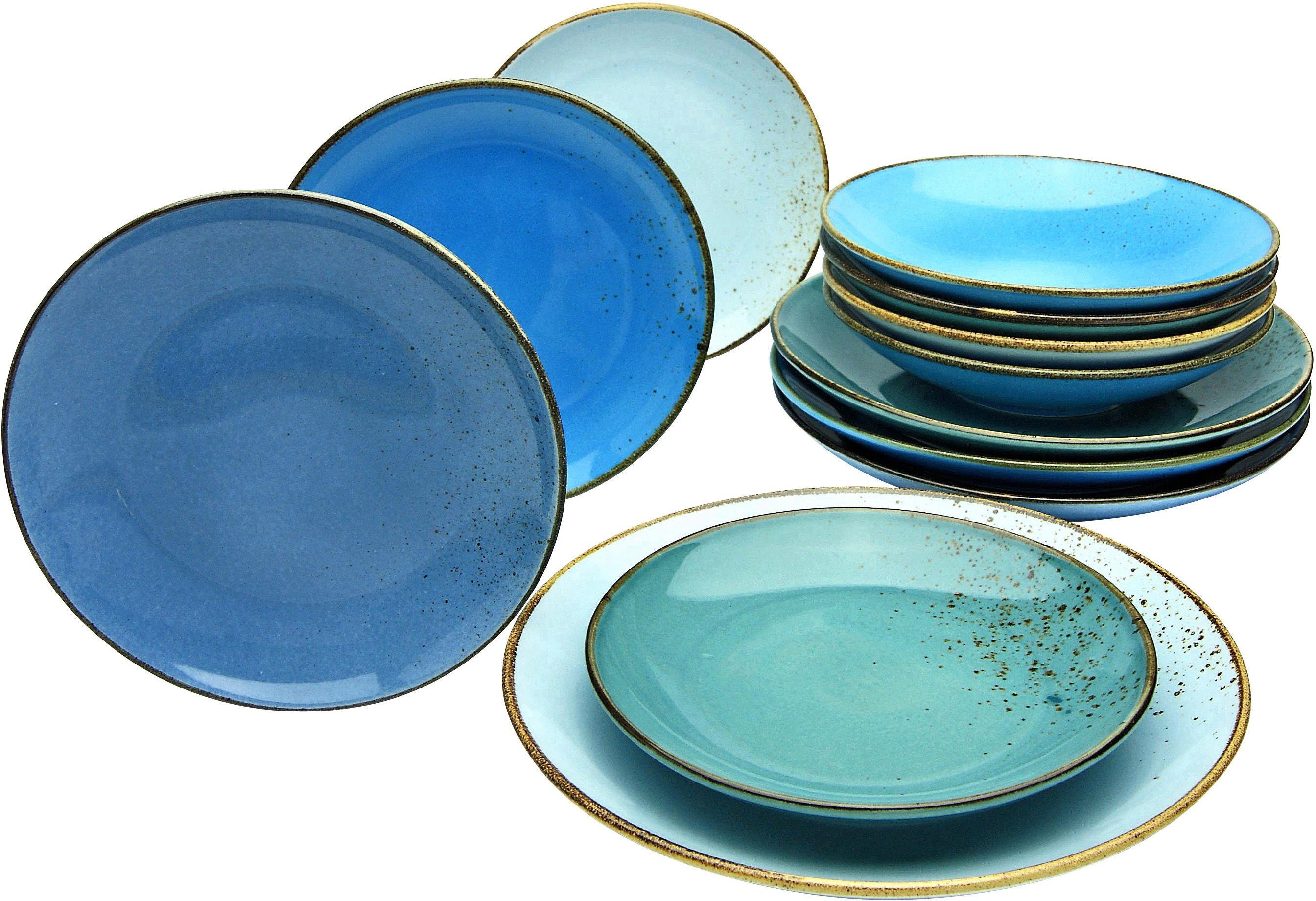 CreaTable Tafelservice Geschirr-Set NATURE COLLECTION Aqua (12-tlg), 4 Personen, Steinzeug, Teller Set, Service, 12 Teile, für 4 Personen