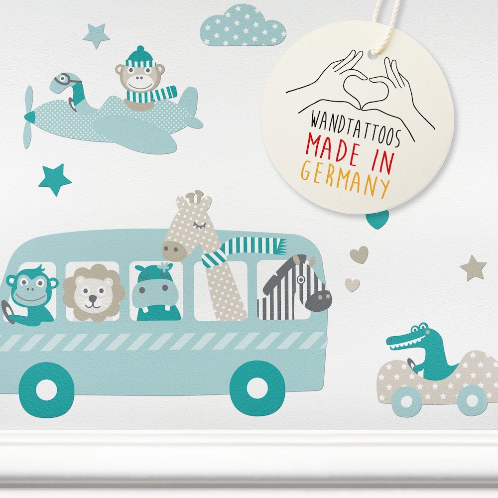 lovely label Wandsticker Tiere on Tour taupe/mint/petrol - Wandtattoo  Kinderzimmer Baby