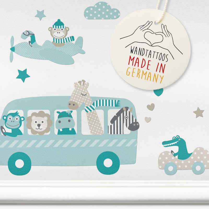 lovely label Wandsticker Tiere on Tour taupe/mint/petrol - Wandtattoo Kinderzimmer Baby