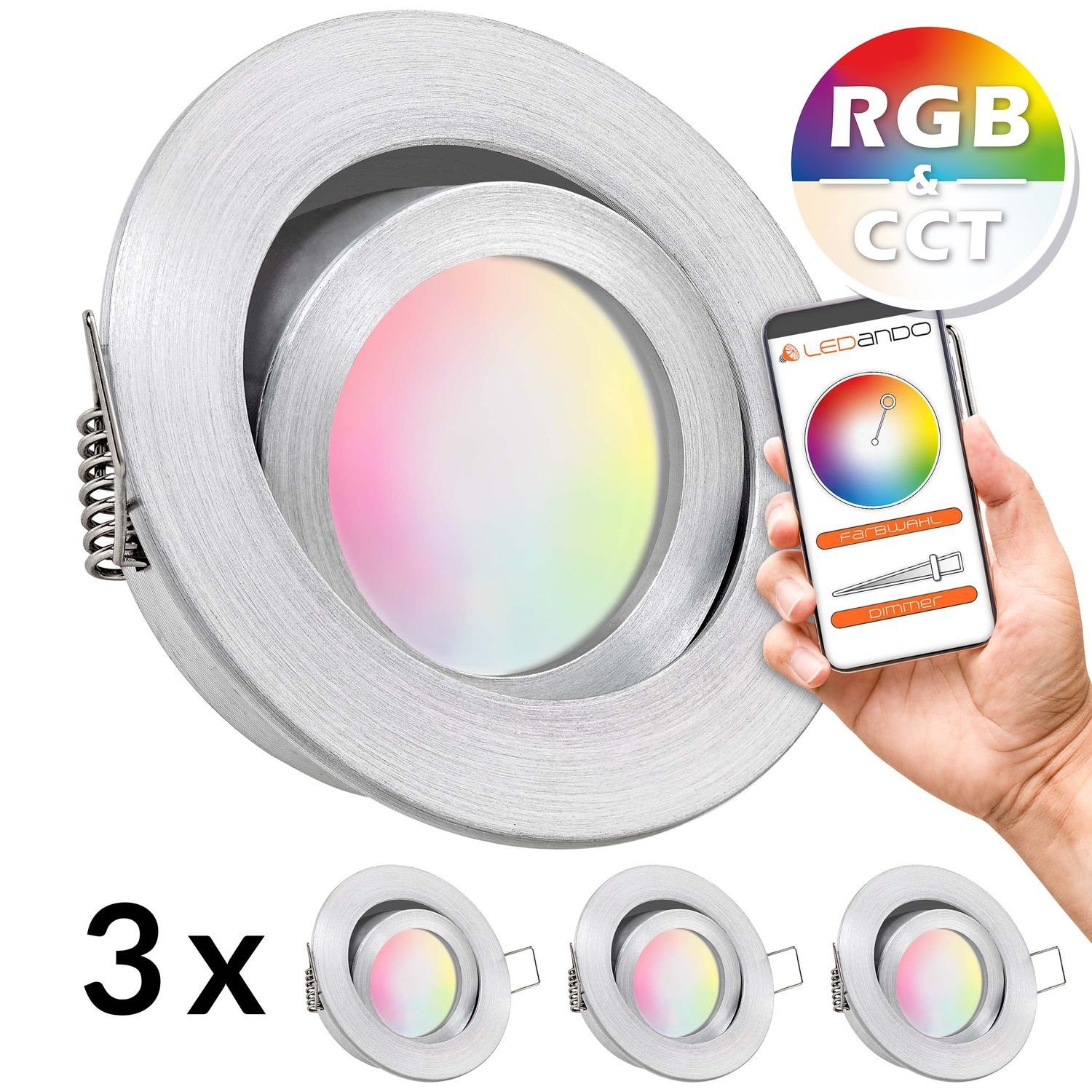 matt - RGB in flach CCT Set aluminium Einbaustrahler LEDANDO 3er LED extra Einbaustrahler mit LED