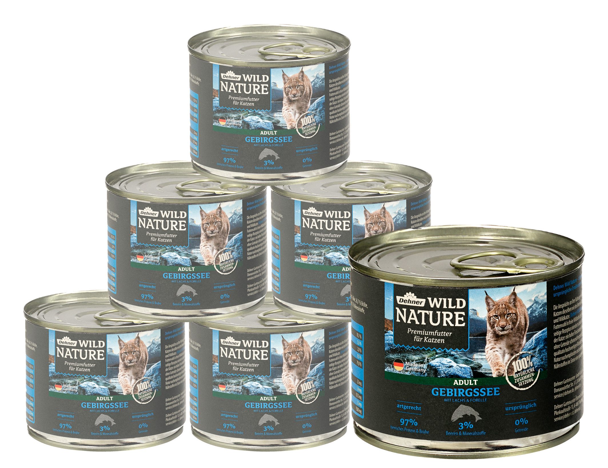 Dehner Wild Nature Gebirgssee Adult Lachs / Forelle, 6 x 200 / 400 g Dose Lachs, 1200g, Влажный корм für ausgewachsene Katzen, glutenfrei