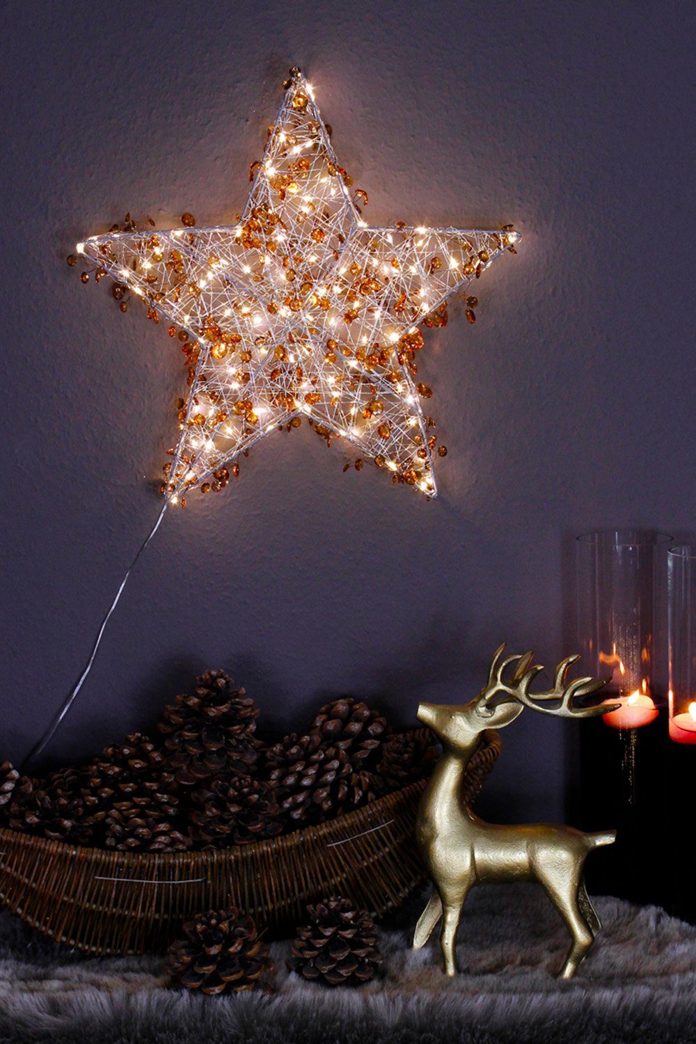 LED, LED für und Bernstein Stern künstlichen mit LED Arnusa 45x45x7cm Innen Weihnachtsstern, Leuchtstern warmweiß, 120 Aus, Weihnachtsbeleuchtung Ein- Außen