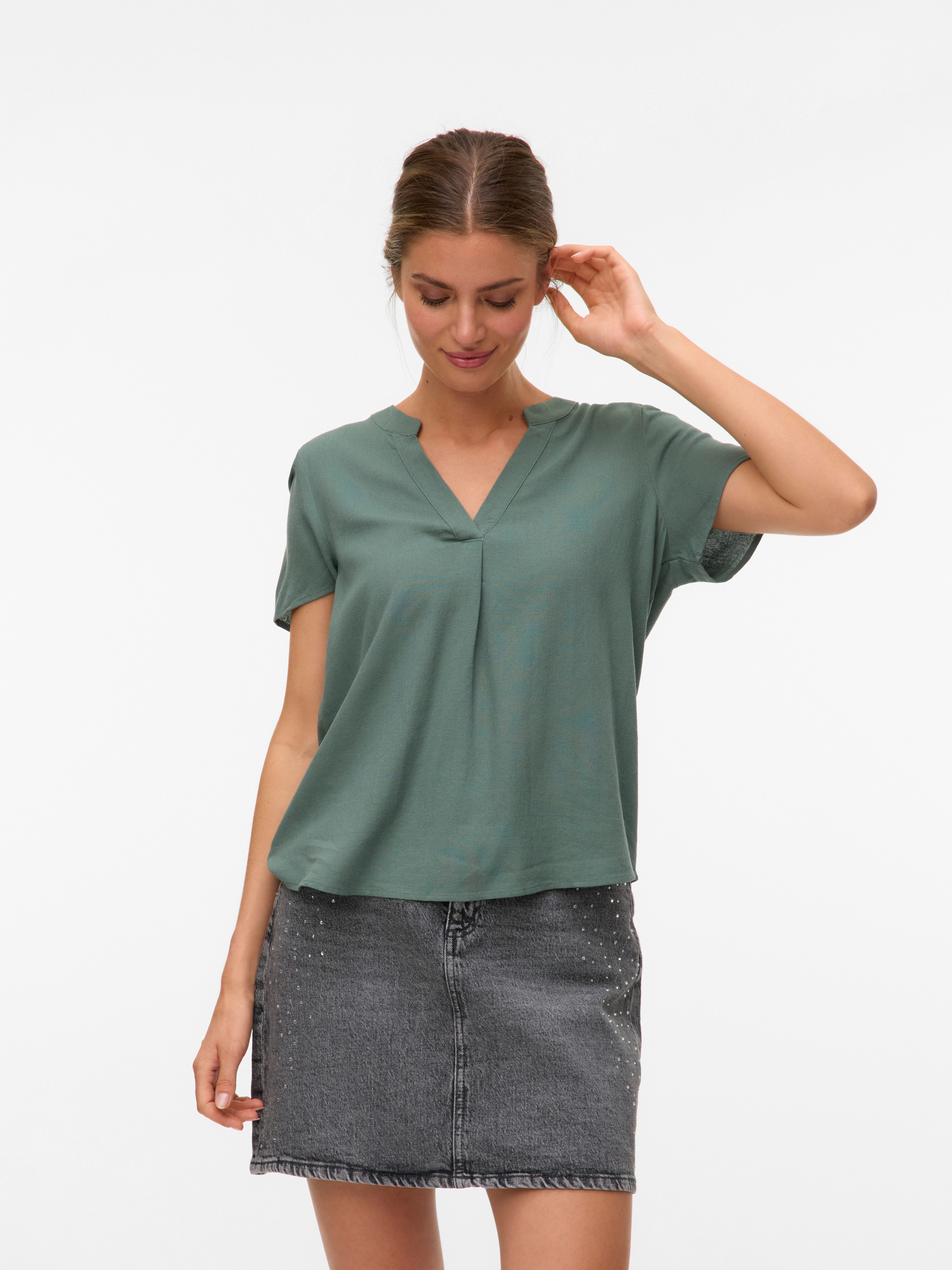 Vero Moda Blusenshirt VMMYMILO SS V-NECK TOP WVN GA mit Leinen günstig online kaufen