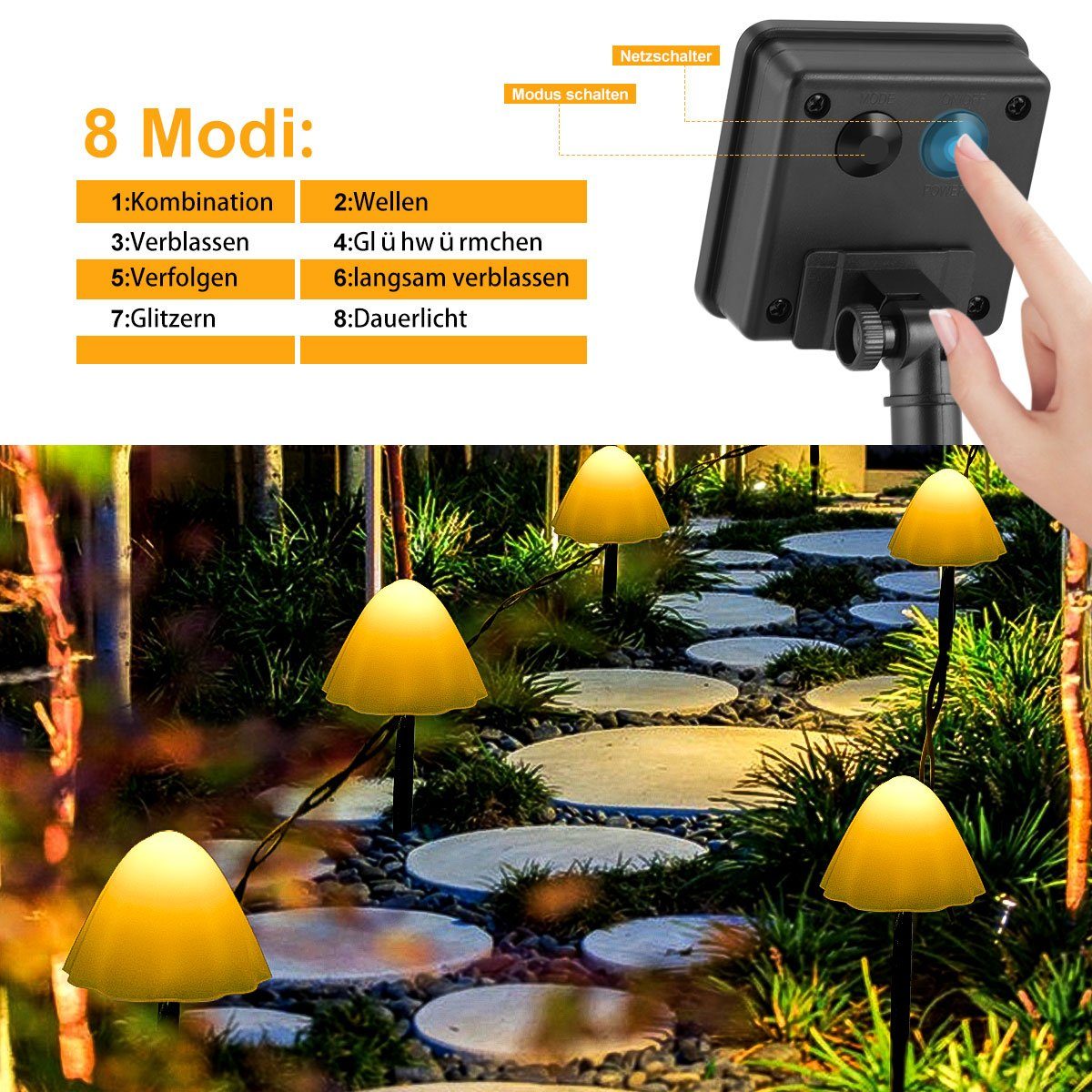 iscooter LED Hof, Modi, Garten, für Solarleuchte 20LED 5M Gartenleuchten Lichterketten Solar 8 Außen, Party Terrasse, LED Solar Außen, Weihnachtsbeleuchtung Pilz Modi, 8