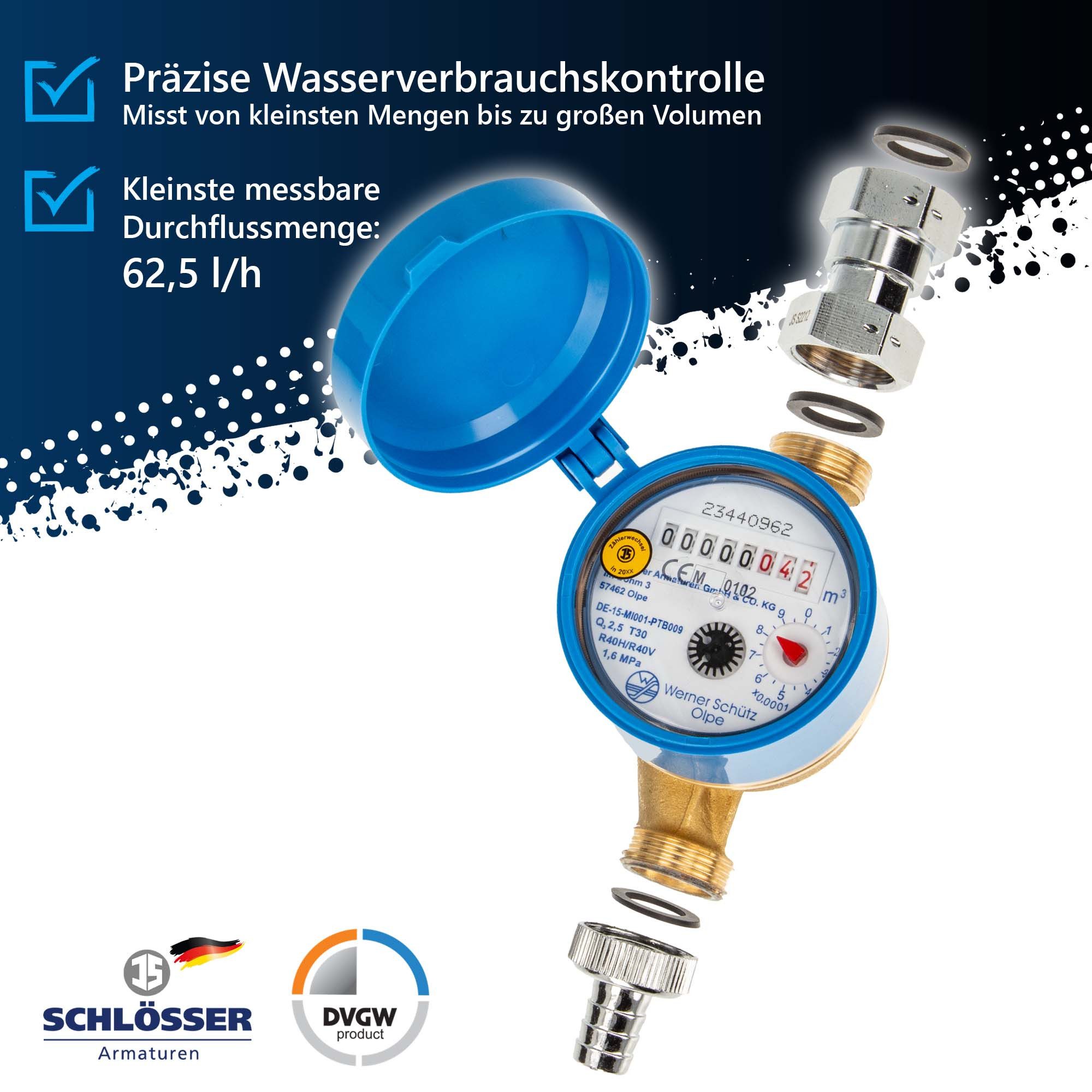 Schlösser Wasserzähler Zapfhahnzähler - Gartenzähler für Zapfhahn, 3/4 Zoll Anschlussgewinde, (inkl. Dichtung)