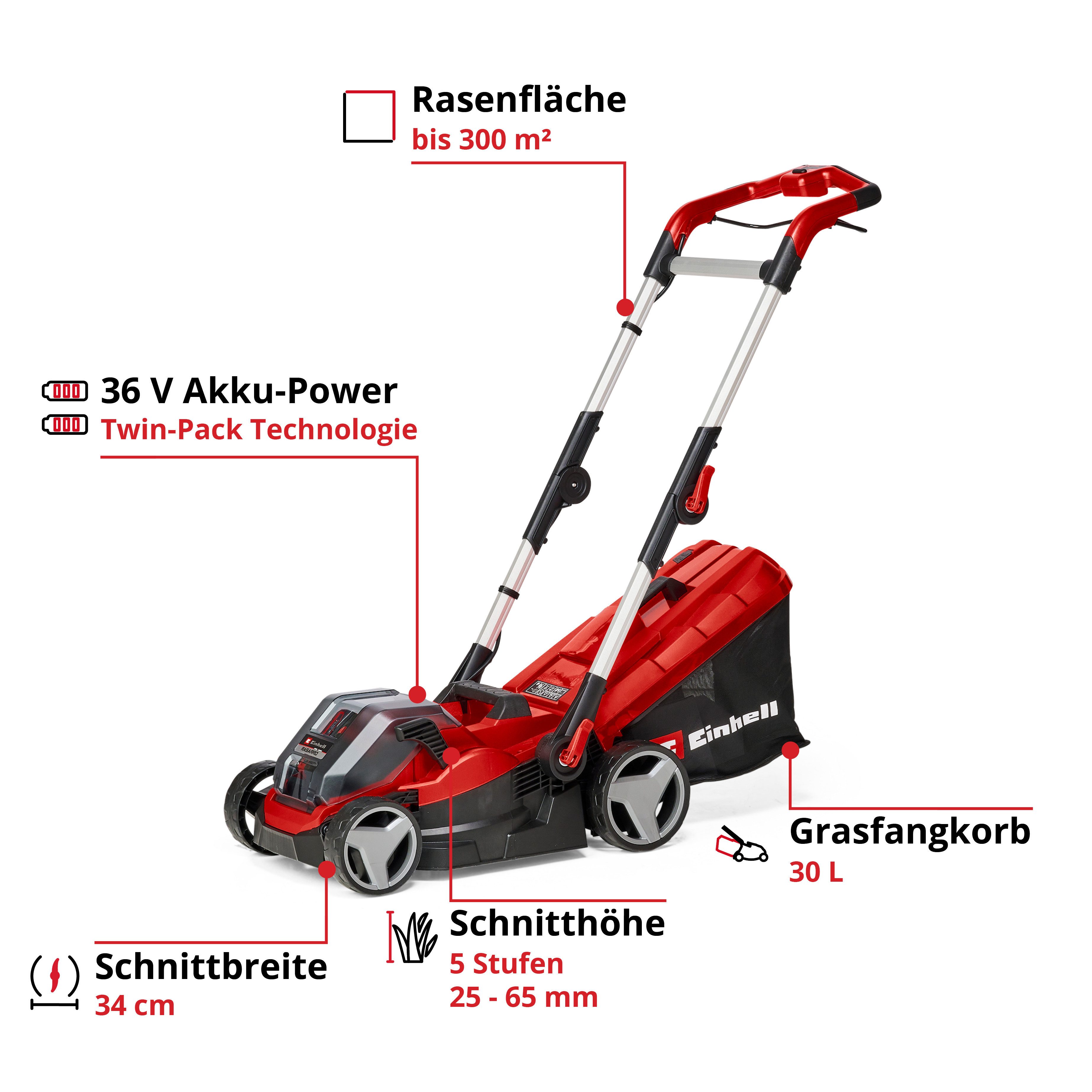 Einhell Akkurasenmäher Einhell Power X-Change RASARRO 36/34, 34 cm Schnittbreite, mit 2x Akku 18V/3,0Ah und 2x Ladegerät