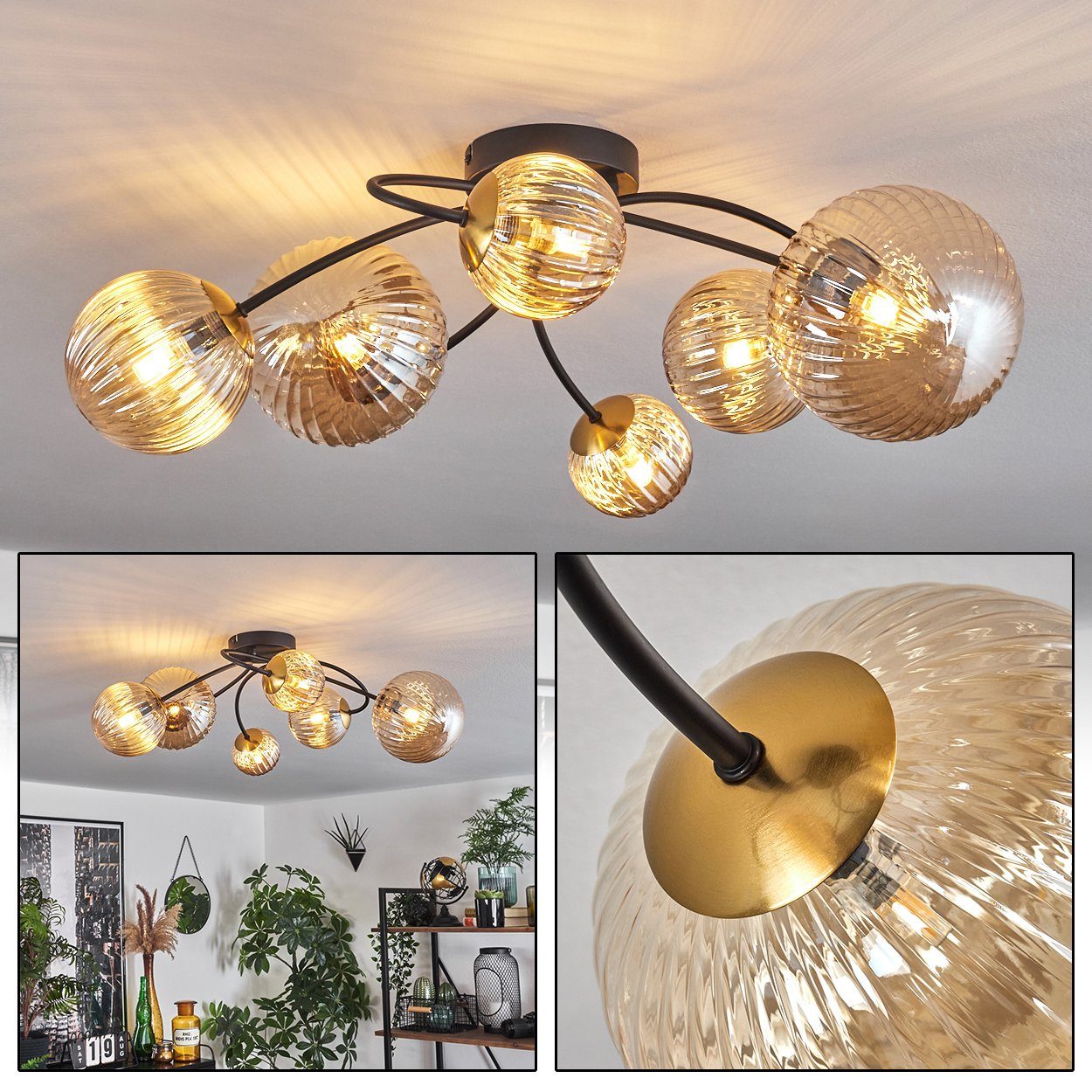 hofstein Deckenleuchte Deckenlampe aus Leuchtmittel, 6 Leuchtmittel im Retro/Vintage-Desig,Glas, G9 in ohne Metall/Glas Leuchte ohne Schwarz/Gold-/Bernsteinfarben, LED, x