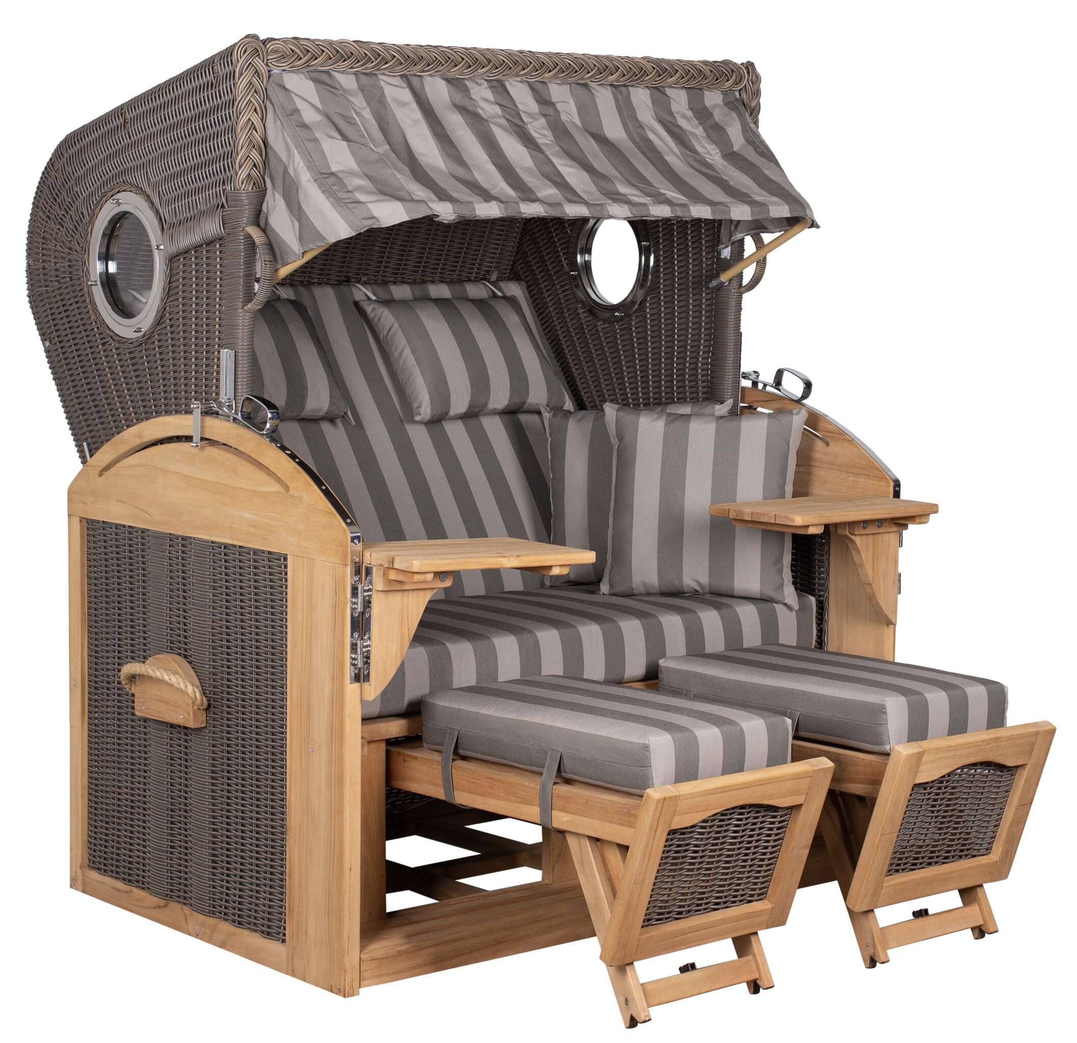 MR.DEKO Strandkorb XL Schillig Volllieger Teak PE Grey 2,5-Sitzer Bullauge, BxTxH: 142x95x170 cm, Vollieger, Schillig XL, (bereits montiert, ideal für Garten, Terasse und großen Balkon, 1-tlg), 2,5 Sitzer Strandkorb XL, Vollieger verstellbar