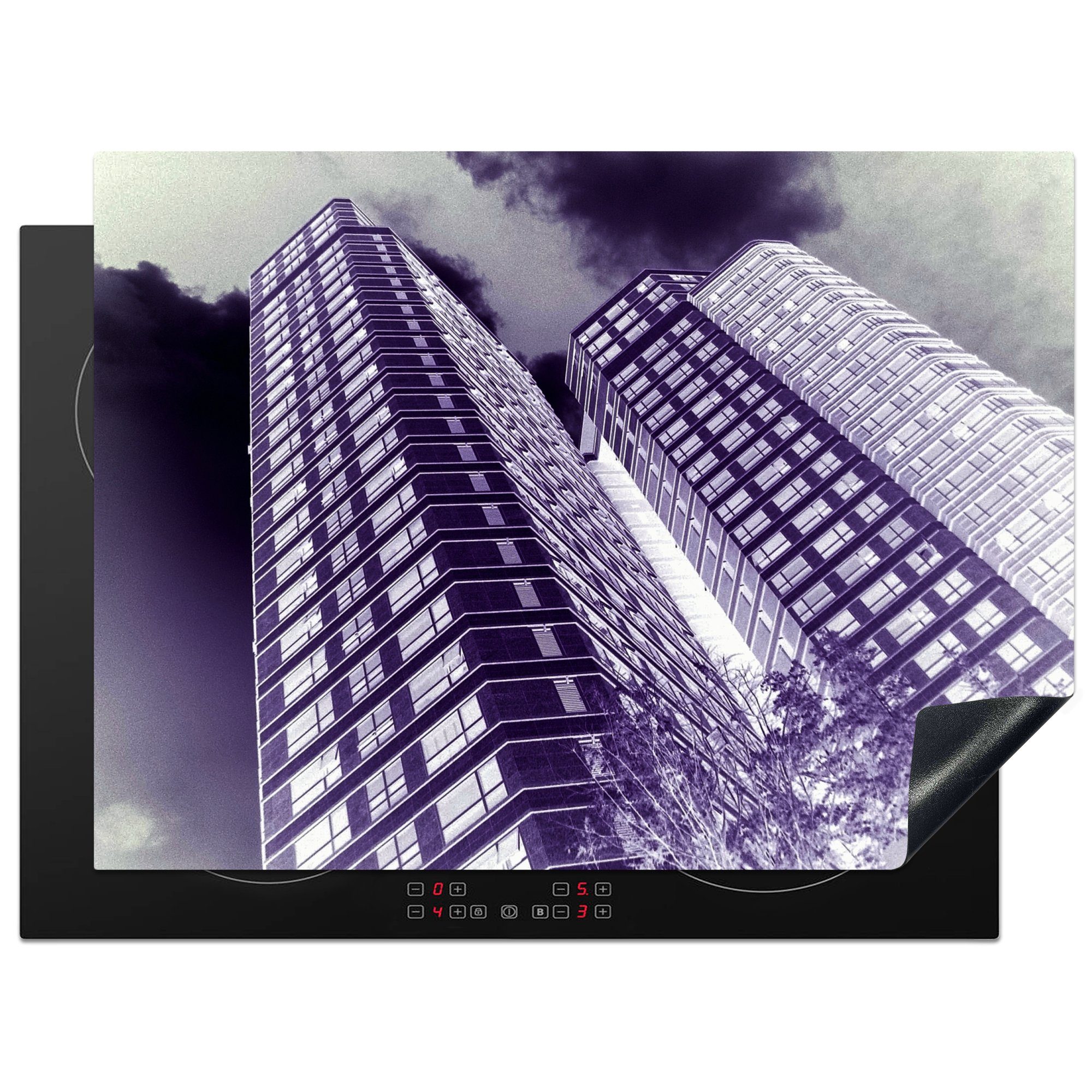 tlg), - Den Wolkenkratzer Ceranfeldabdeckung Haag - - MuchoWow Arbeitsfläche Mobile nutzbar, (1 Vinyl, Weiß, 70x52 Schwarz cm, Herdblende-/Abdeckplatte