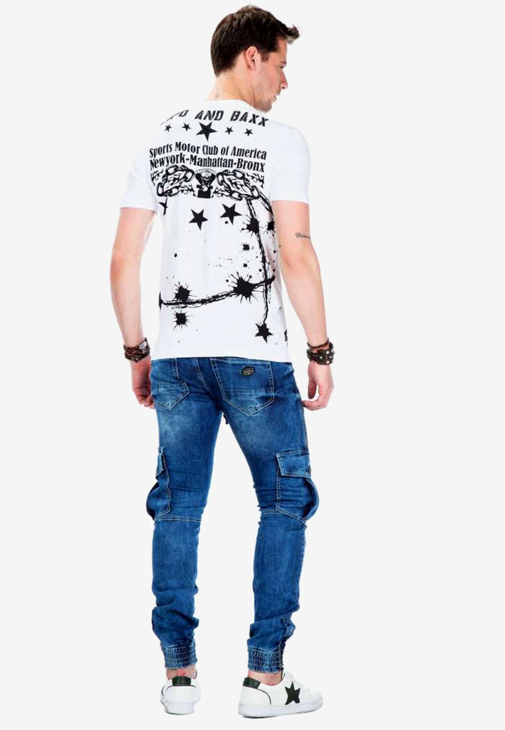 coolem Cipo Bikerstil T-Shirt weiß im Print mit Baxx &