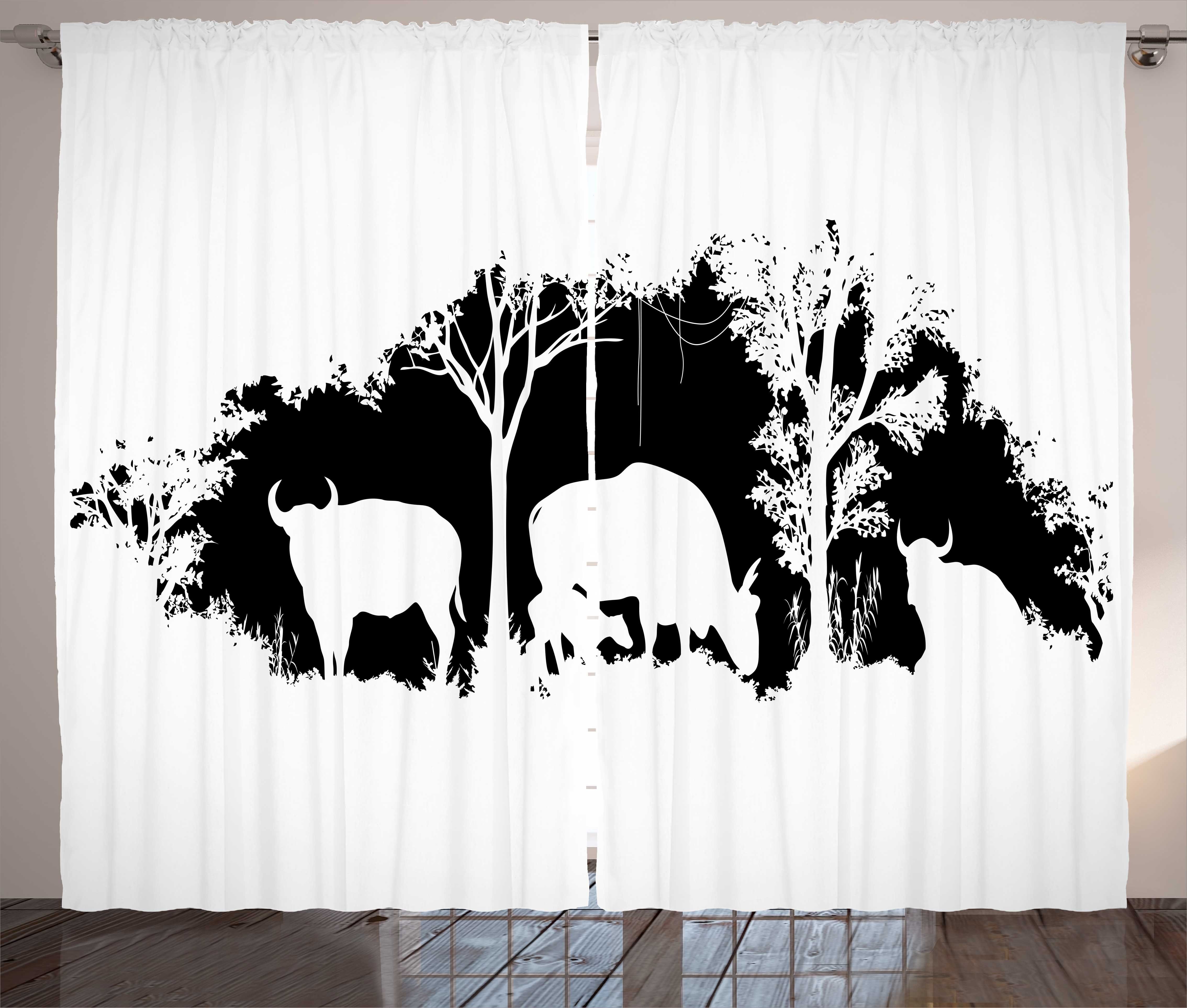 Gardine Schlafzimmer Kräuselband Vorhang mit Schlaufen und Haken, Abakuhaus, Büffel Bison Wald Zeichnung
