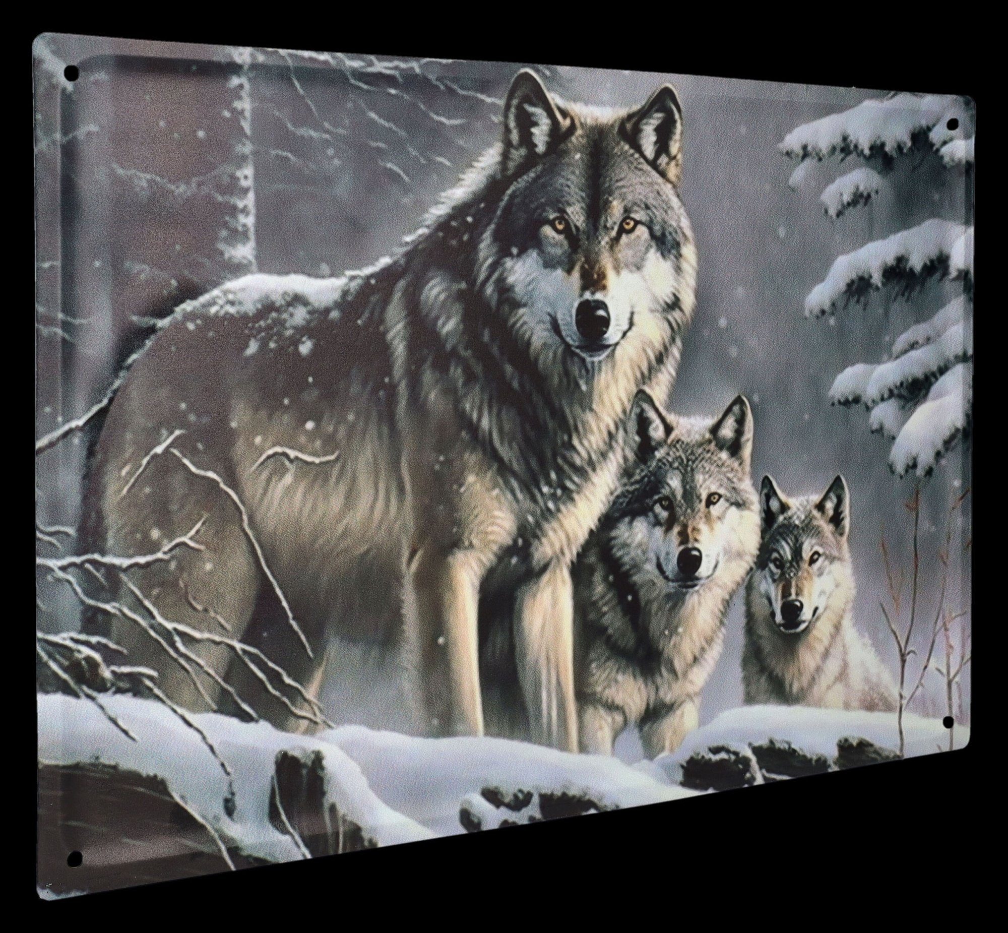 Figuren Shop GmbH Metallschild Blechschild - Wolfsrudel im Winterwald - Wan günstig online kaufen