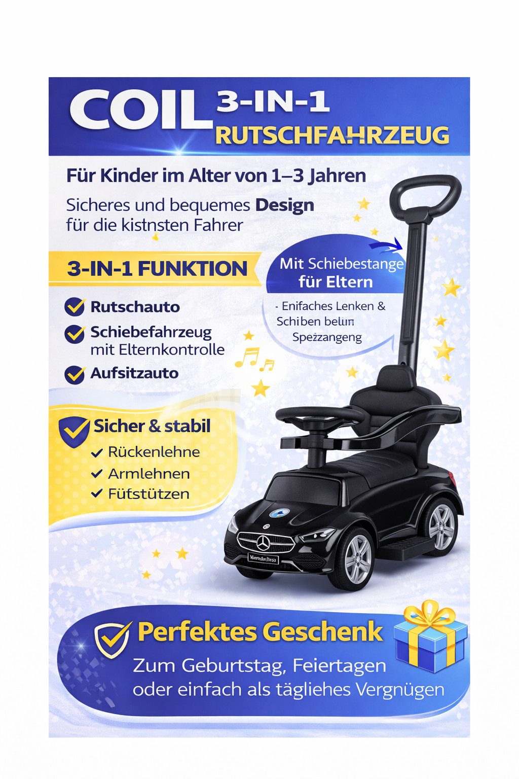 COIL Rutscherauto Rutscher, Schieber für Kinder, Mercedes AMG, ab 12 Monaten, interaktives Lenkrad, Fußstützen, Seitenschienen