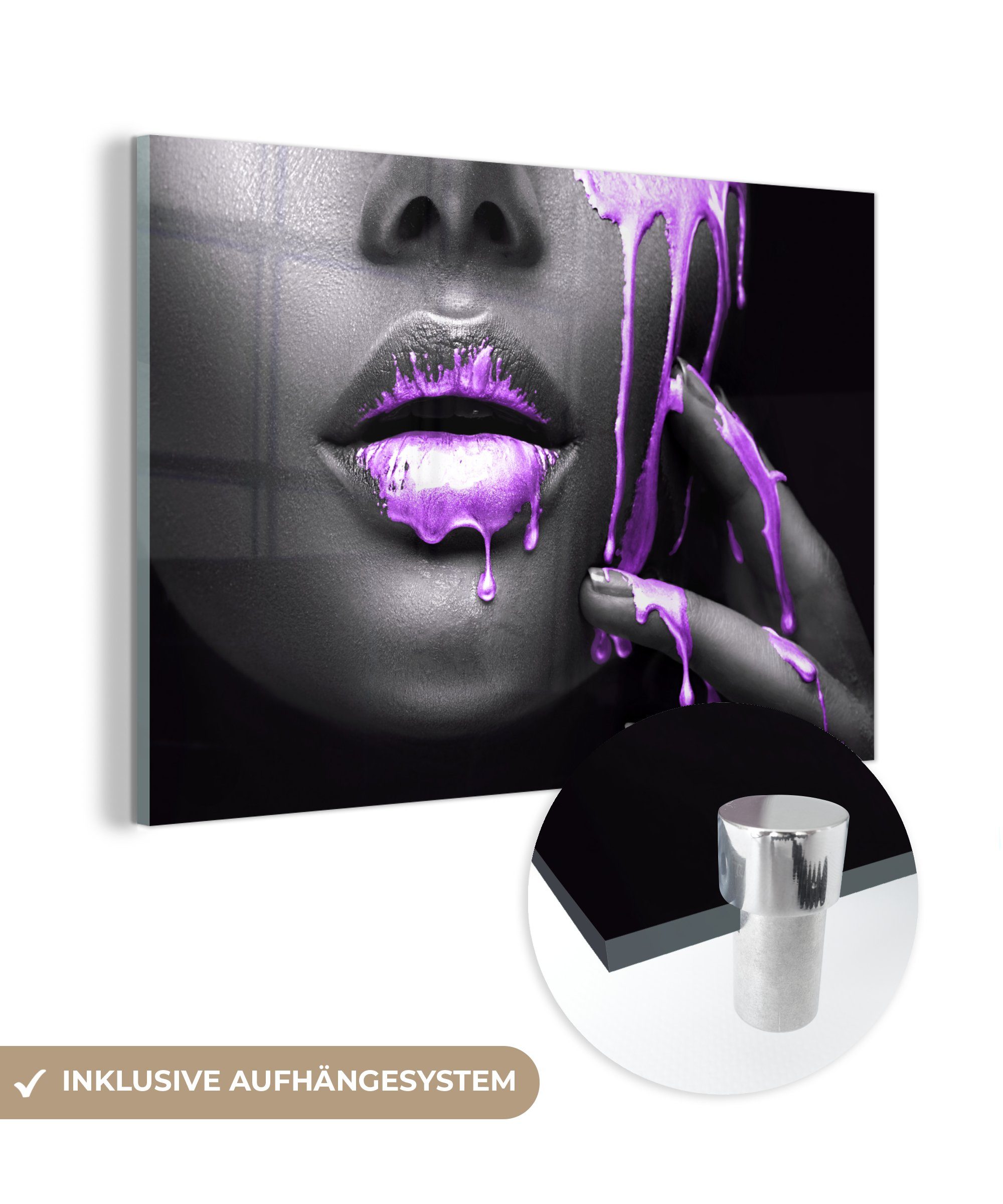 MuchoWow Acrylglasbild Lippen - Lila - Schwarz, (1 St), Glasbilder - Bilder auf Glas Wandbild - Foto auf Glas - Wanddekoration