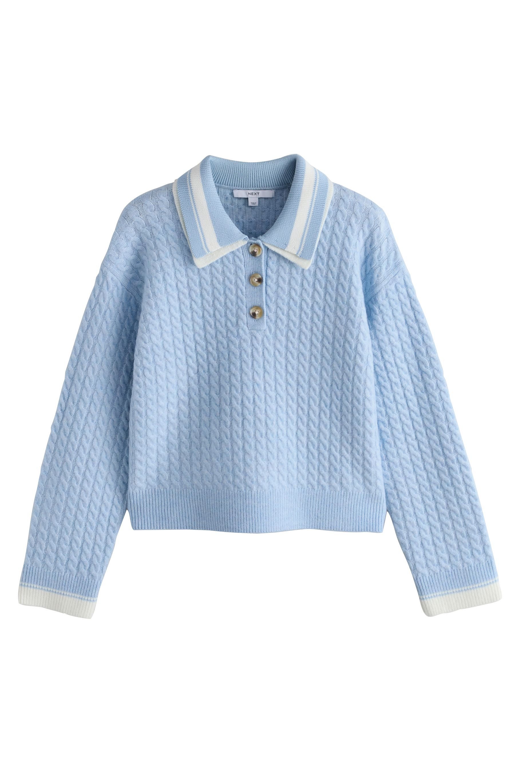 Strickpullover Polo-Strickpullover mit Doppelkragen + Zopfmuster