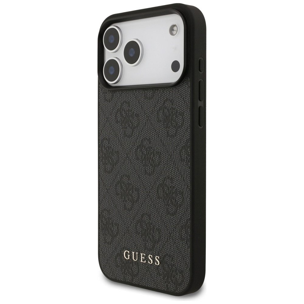 Guess Handyhülle iPhone 17 Pro Max Kunstleder grau Classic Logo goldfarben Metall 6,9 Zoll, Kantenschutz