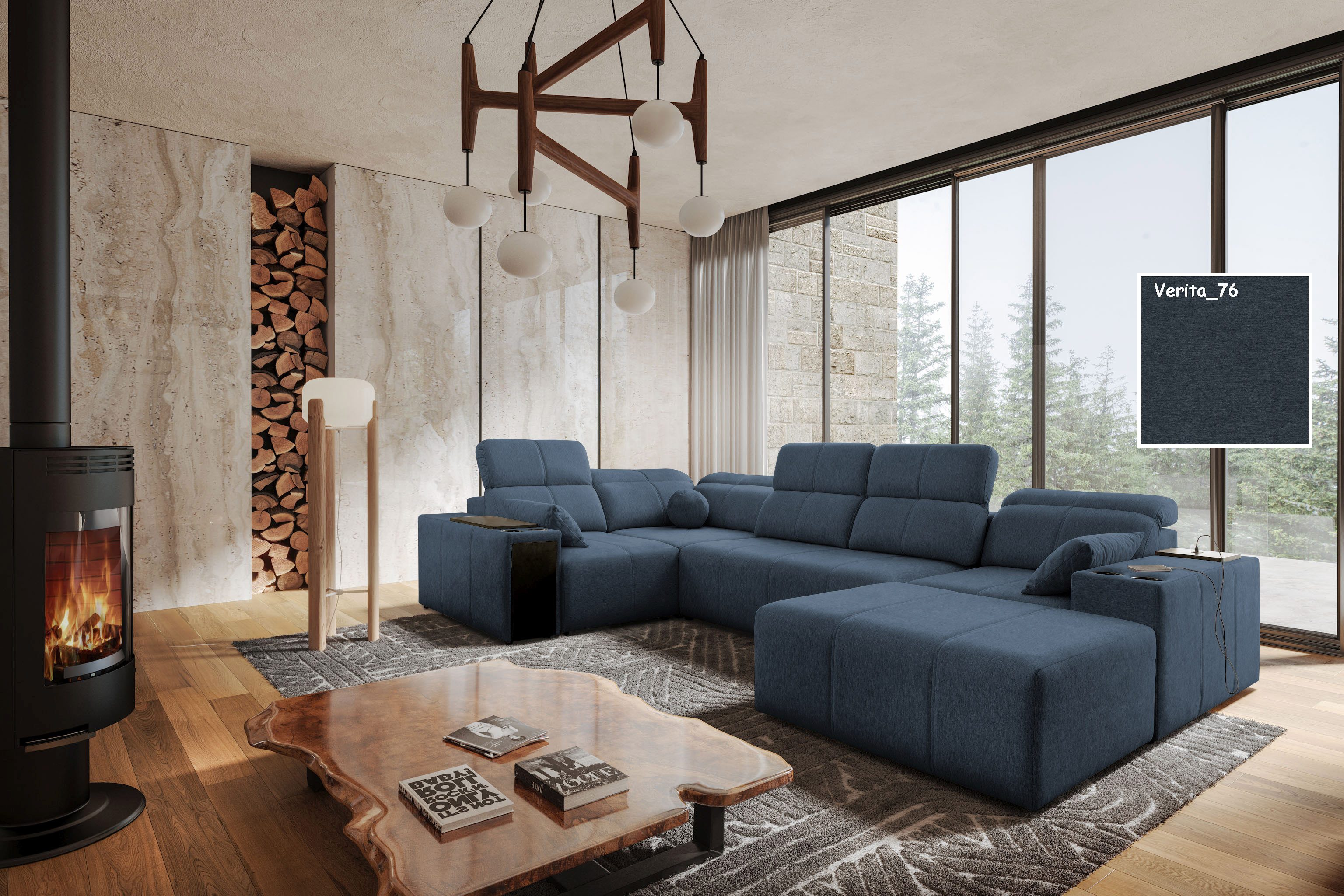 Möbel für Dich Wohnlandschaft Mindy 4 in U-Form mit Sitztiefenverstellung, USB, Ablagen und Hocker, mit Bettfunktion und Bettkasten