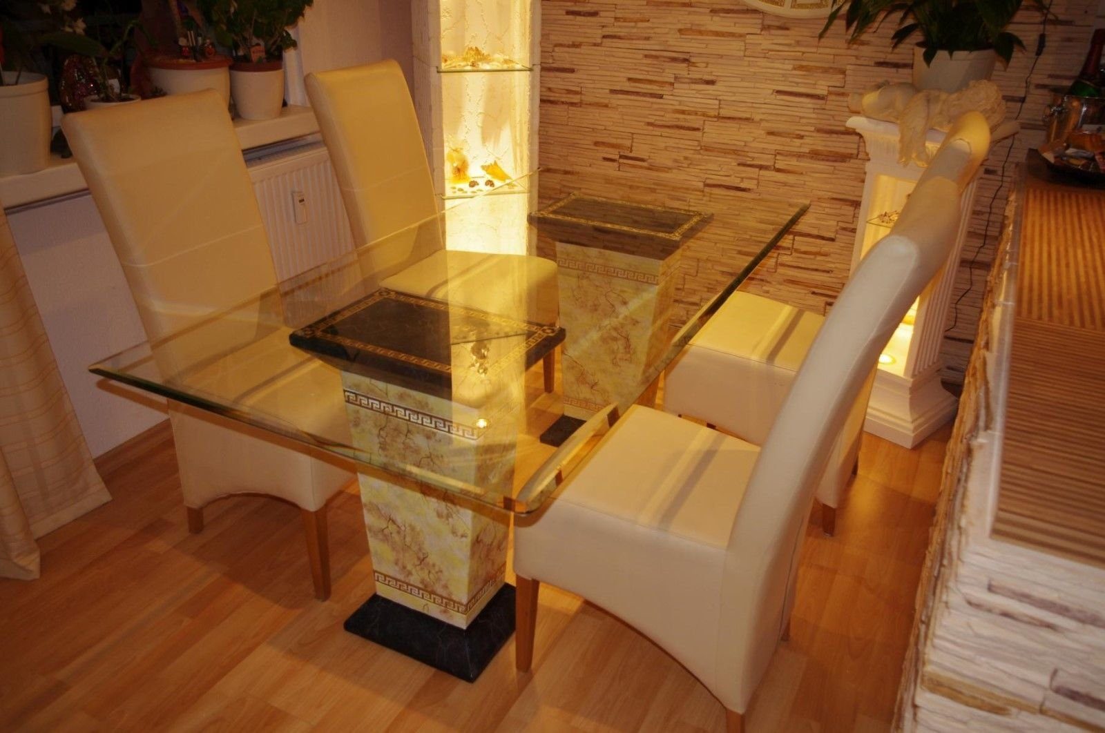 Antikes Wohndesign Marmortisch Glastisch Büro 160cm Esstisch Säulen-Esstisch Küchentisch Tafeltisch