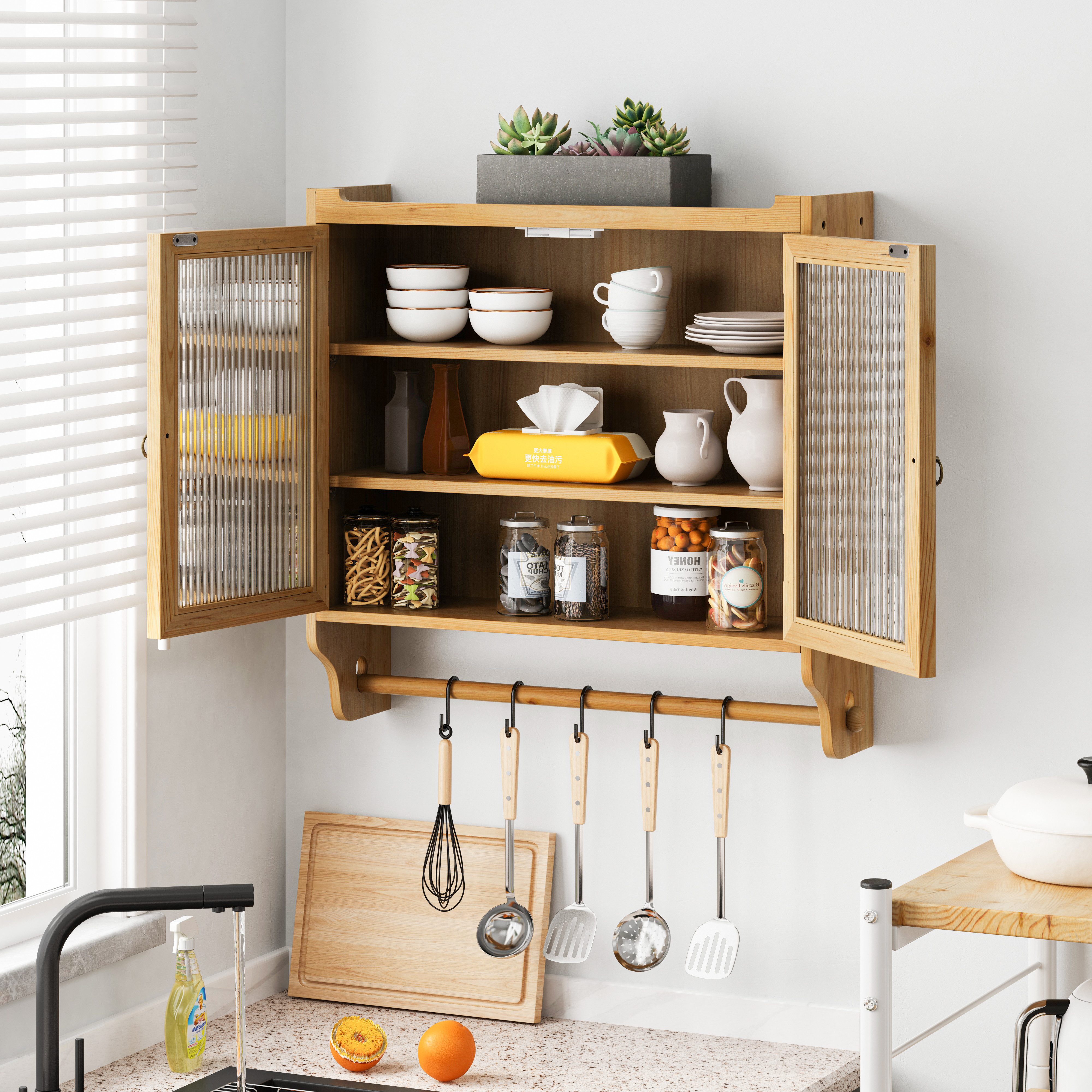 Celya Wandhängeschrank Glas-Wandregal, Hängeschrank küche, 63cm Wandregal mit Handtuchhalter für Küche und Esszimmer – Bild 3 von 5