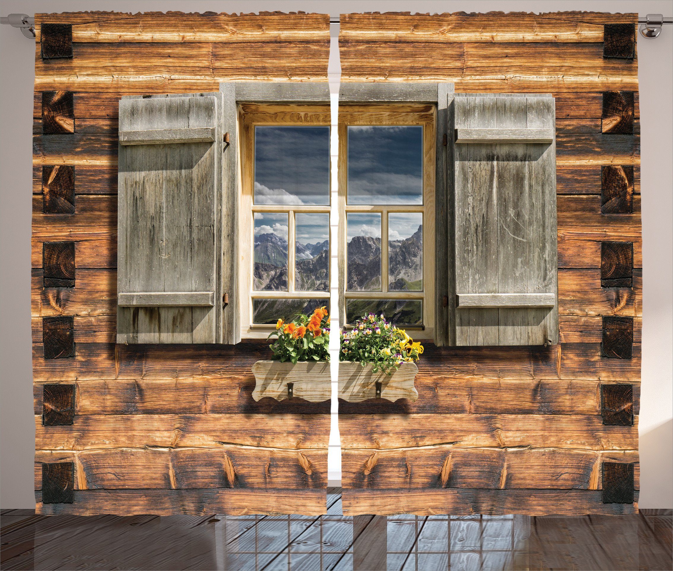 Gardine Schlafzimmer Kräuselband Vorhang mit Schlaufen und Haken, Abakuhaus, Rustikal Blick vom Berghütte