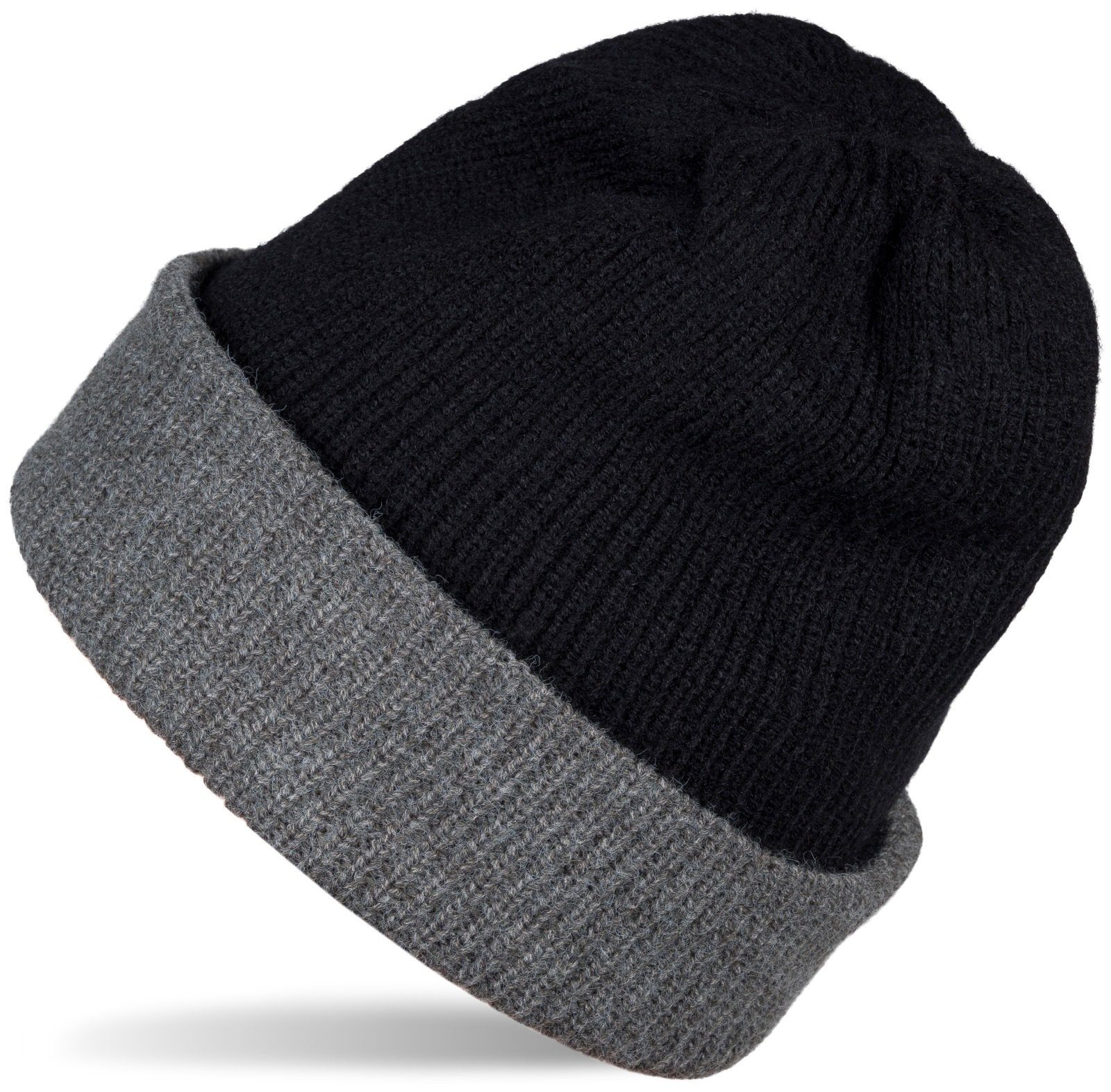 styleBREAKER Strickmütze (1-St) Wende Feinstrick Beanie doppelt gestrickt Schwarz-Dunkelgrau