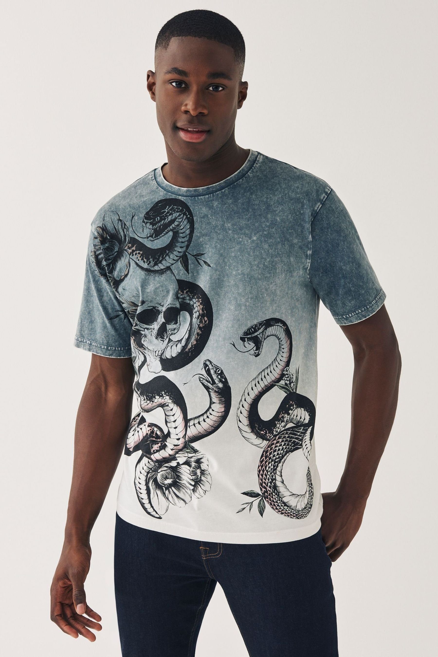 Next Print-Shirt T-Shirt mit Print (1-tlg) Grey Dip Dye Snake Skull