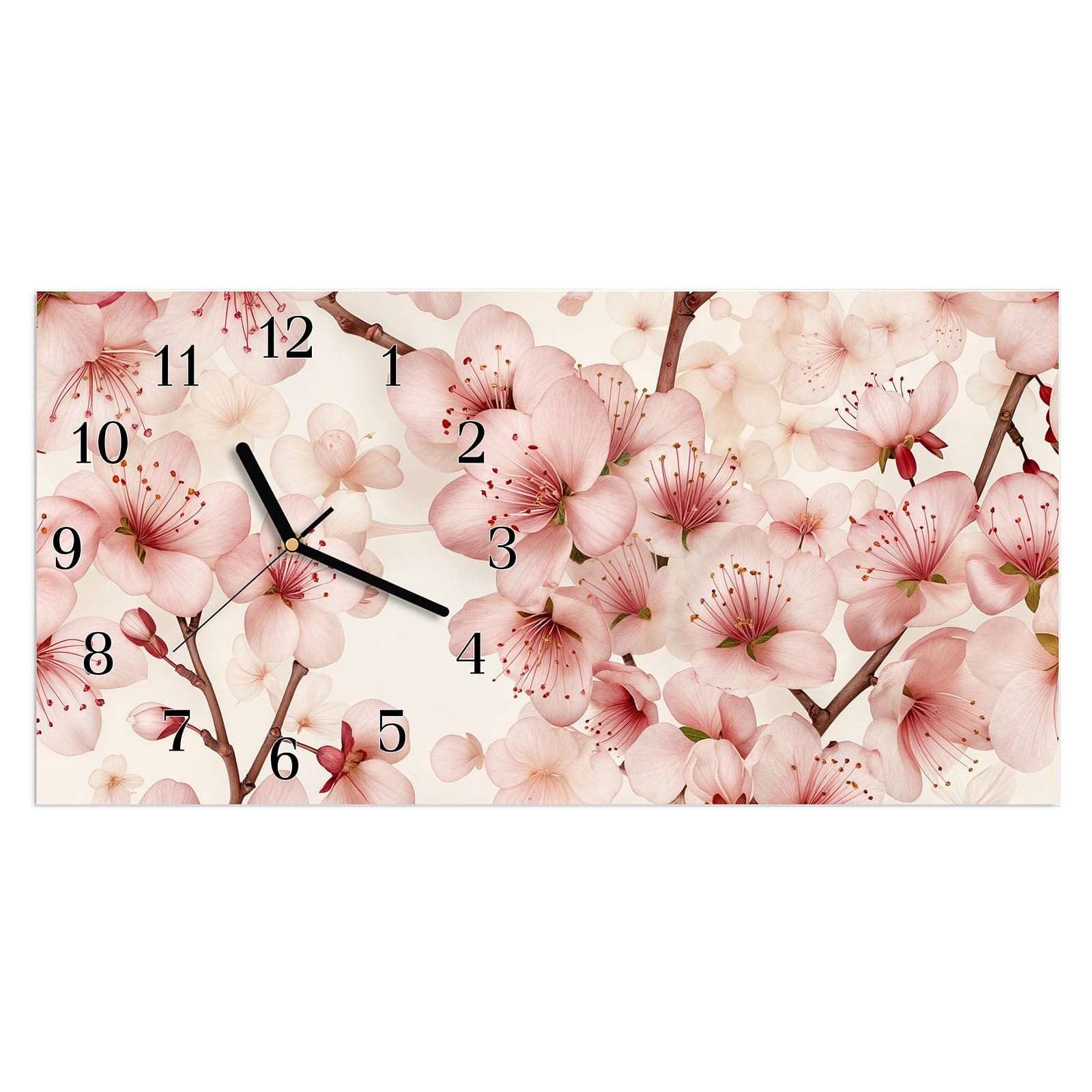 Wanduhr Glasuhr Wandkunst Größe 60 x 30 cm mit Motiv Kirschblüten