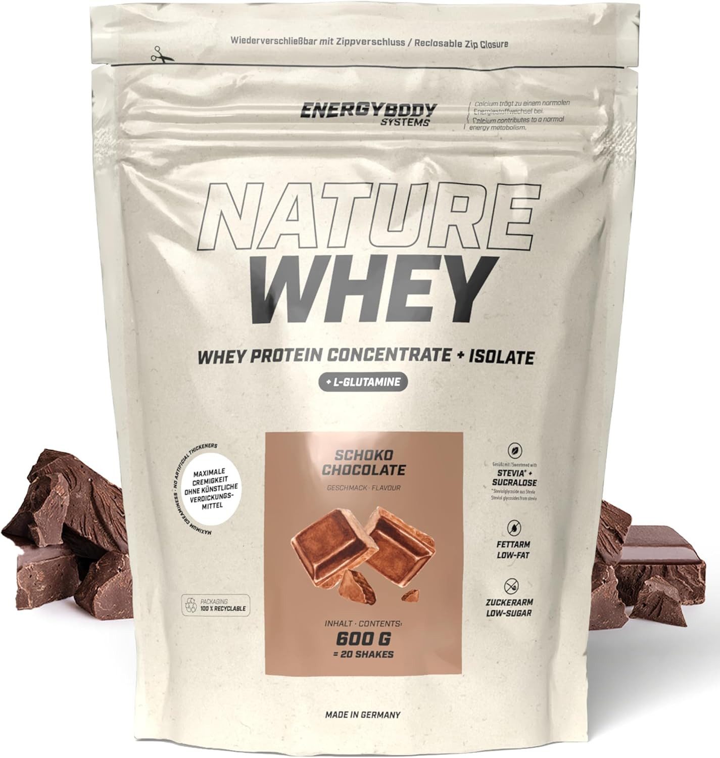 Energybody Systems Nature Whey Protein Eiweißpulver Pulver, Whey Isolate und Konzentrat ohne künstliche Verdickungsmittel.