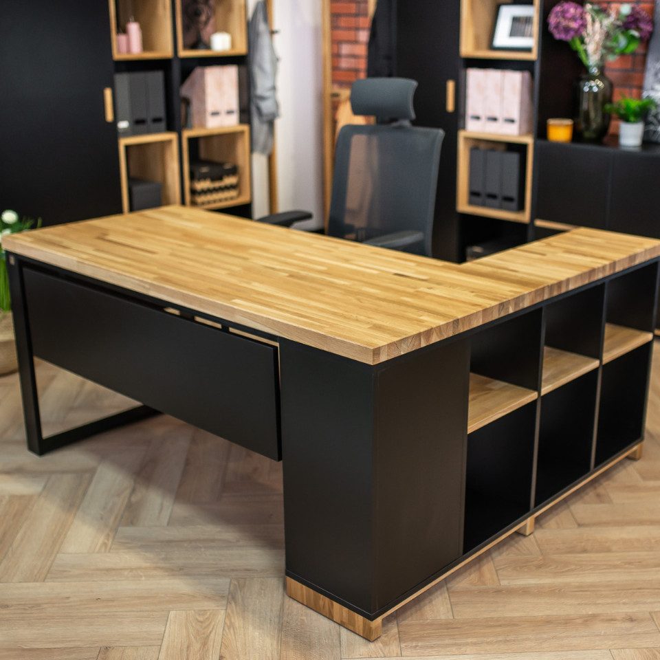 Deerhorn Eckschreibtisch Modern Office mit Regal aus Eiche, Eckschreibtisch mit Stil, 38 mm starke Eichenplatte