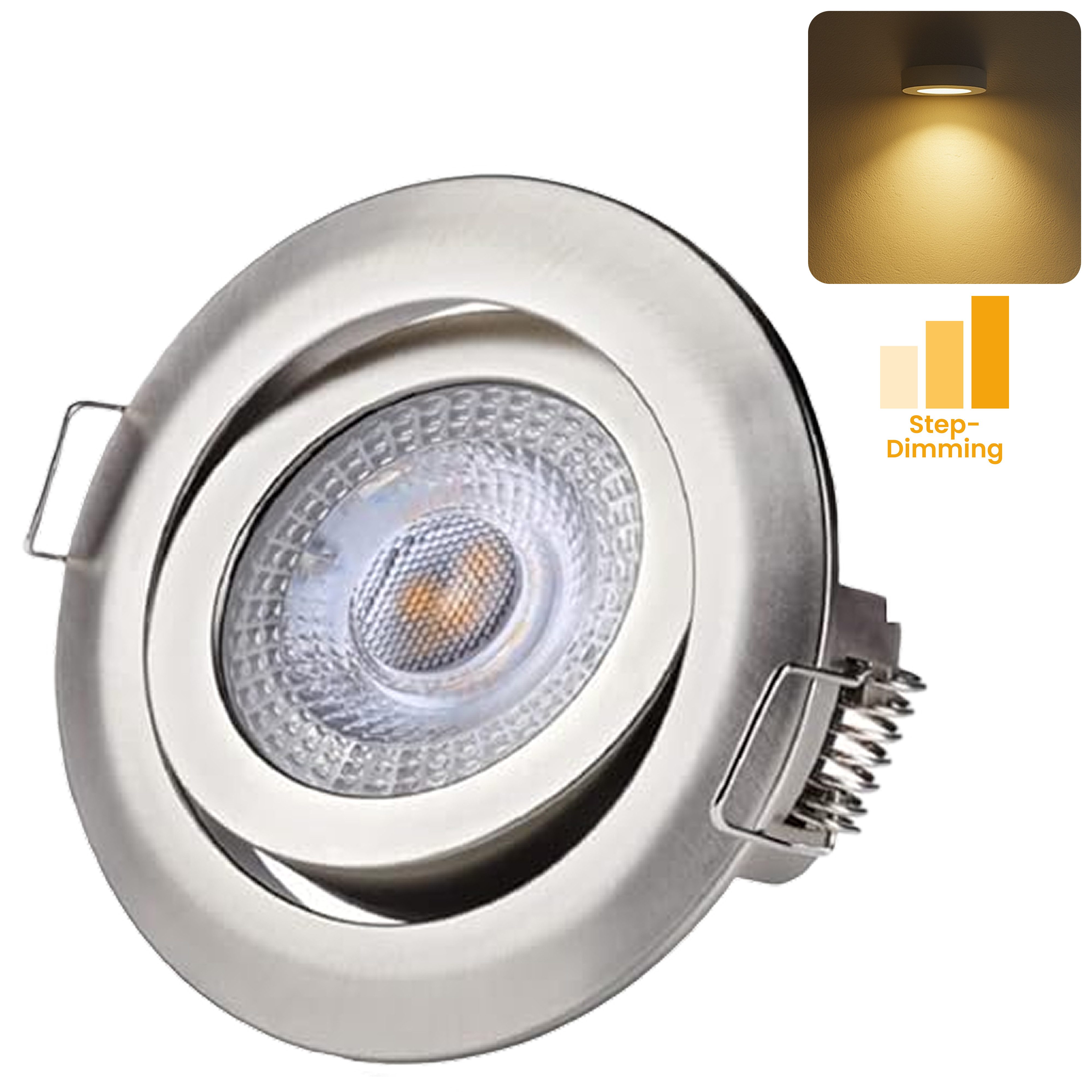 Sweet LED LED Einbaustrahler 5W 3-Step Dimmbar 230V Flach Schwenkbar Deckenspots 3000K Chrom Rund, 3000K - warmweiß, Deckenspots, Deckenstrahler,Einbauleuchten