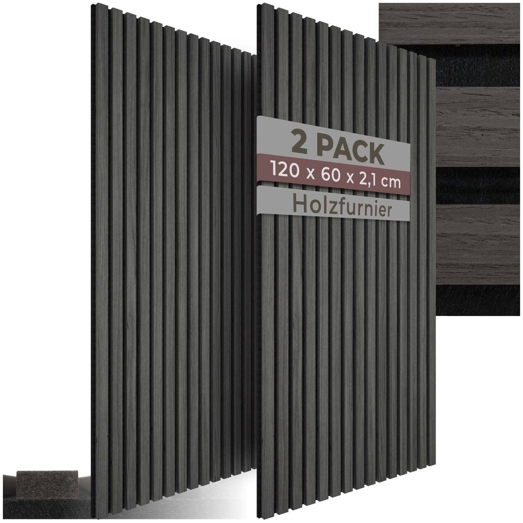tectake Wandpaneel Akustikpaneele aus MDF und Echtholzfurnier - Eiche schwarz, BxL: 60x120 cm, 0.72 qm, (Holzpaneele Sonic Wall, 2-tlg., Größe flexibel anpassbar) schallabsorbierender Filz, einfache Montage mit Kleber oder Schrauben