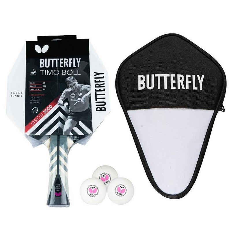 Butterfly Tischtennisschläger 1x Timo Boll Vision 3000 + Cell Case 1 + Bälle, Tischtennis Schläger Set Tischtennisset Table Tennis Bat Racket