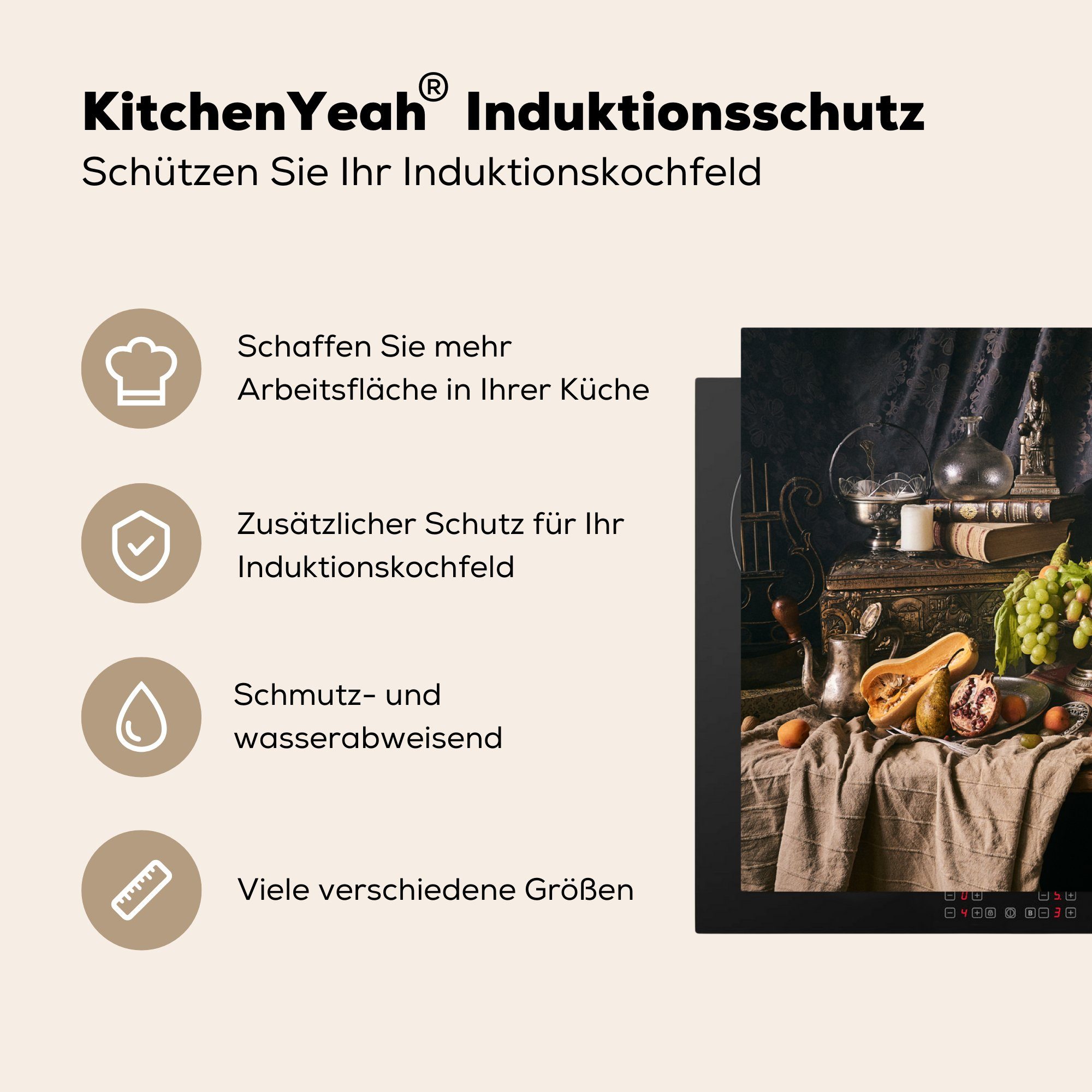Stilleben küche (1 für - Essen tlg), Arbeitsplatte Vinyl, 83x51 MuchoWow Ceranfeldabdeckung, cm, Herdblende-/Abdeckplatte Tisch, -