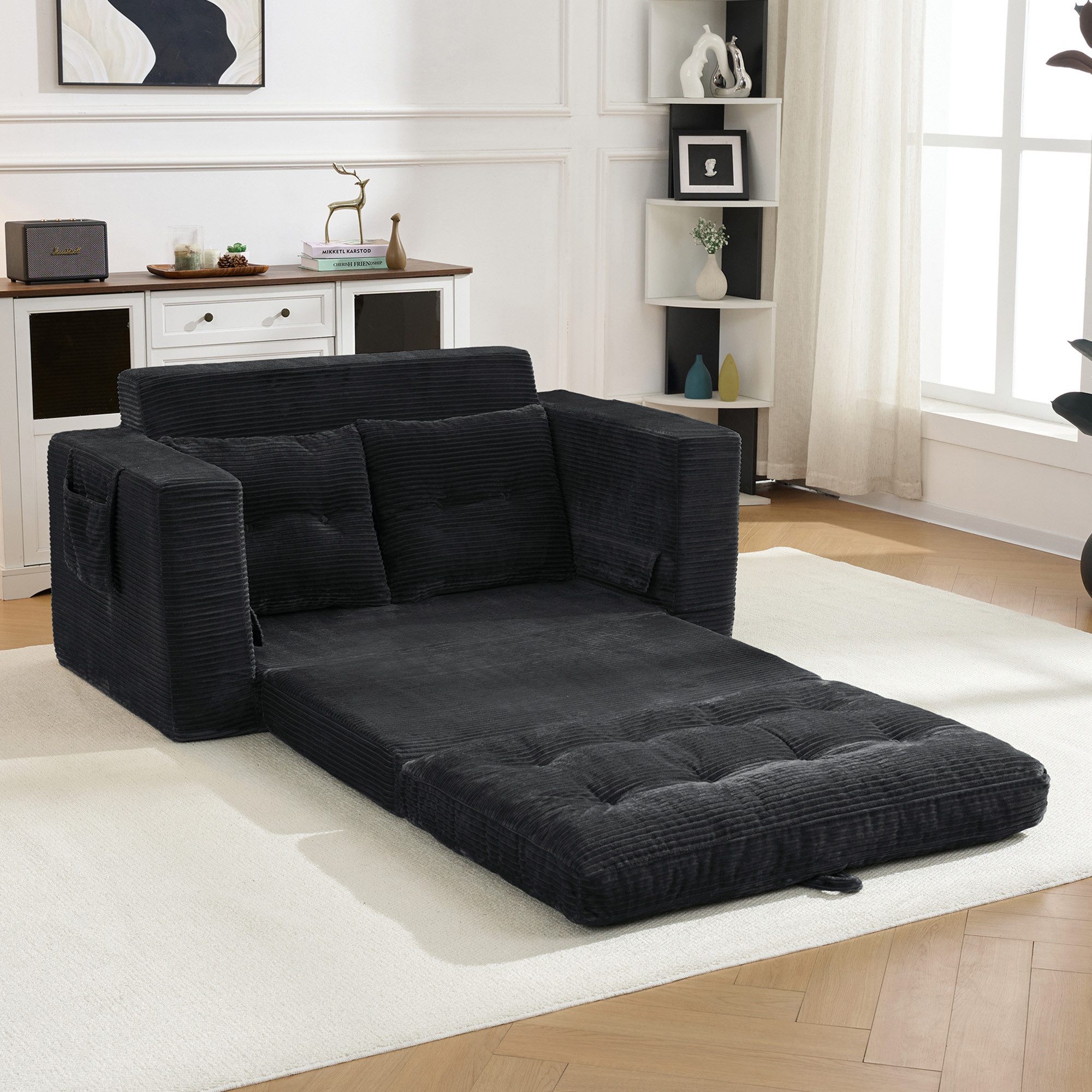 HAUSS SPOLE Loungesofa 2-Sitzer mit Seitentaschen,Klappsofa Sofabett Ausziehfunktion,Schwarz, Polstermöbel Schlafsofa mit seitlichen Aufbewahrungstaschen und integrierten Getränkehaltern, Schlafsofa mit seitlichen Taschen und integrierten Getränkehaltern