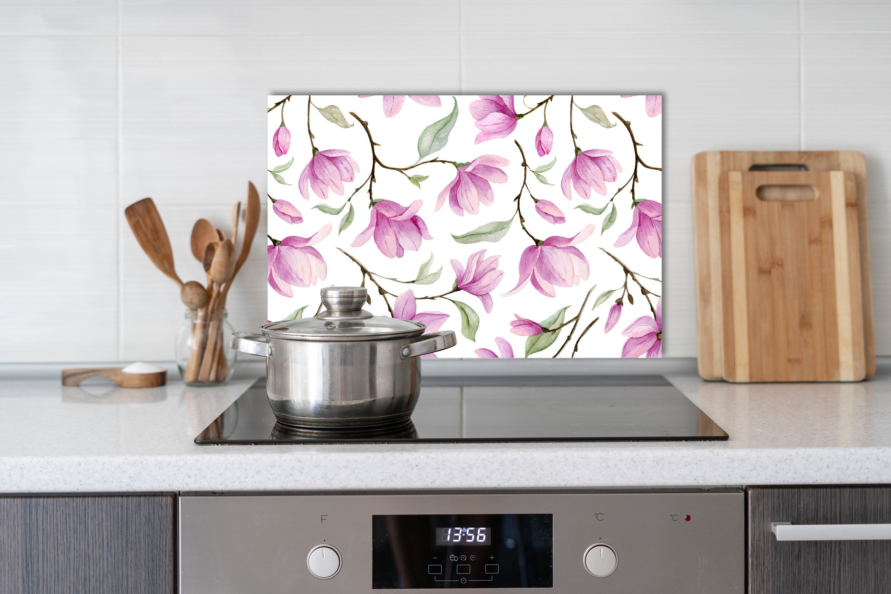 Hitzebeständig - cm Rosa Alu-Dibond Spüle, & Herdspritzschutz Spritzschutz Küchenrückwand - Wandschutz - Herd - queence Magnolien 60x40x0,3 - für (1-tlg),