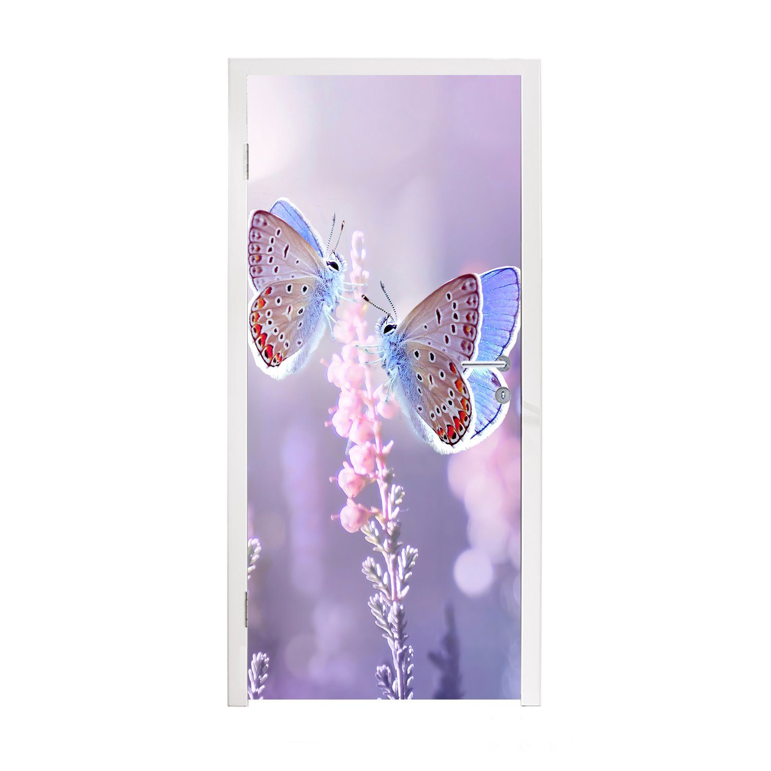 MuchoWow Türtapete Schmetterling - Lavendel - Blumen - Lila, Matt, bedruckt, (1 St), Selbstklebende Tapete, Folie für Möbel, 75x205 cm