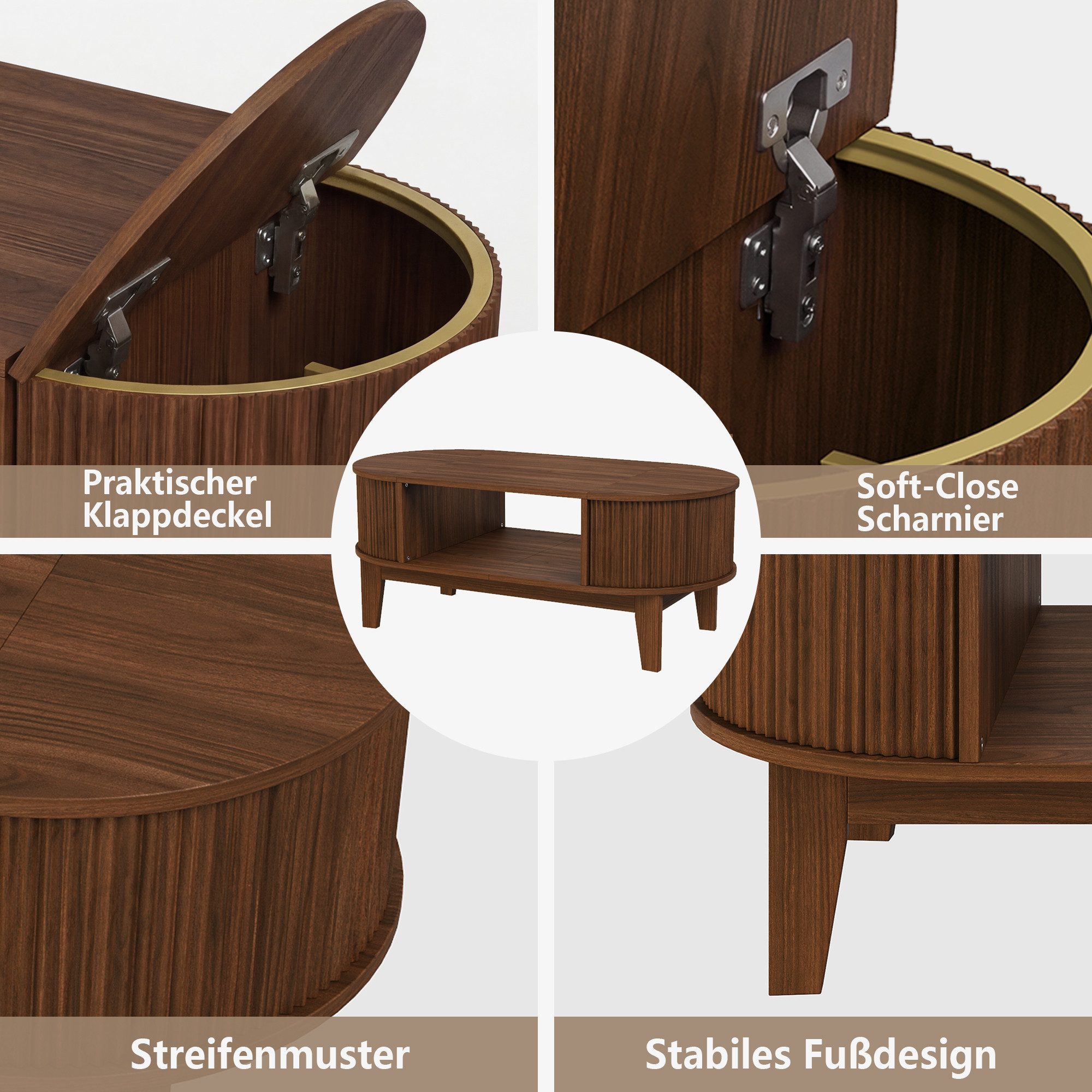 BELUPAI Couchtisch Wohnzimmertisch aus Holz mit verstecktem Stauraum, Sofatisch Walnussholzfarbe,100x50x40.5cm – Bild 5 von 5