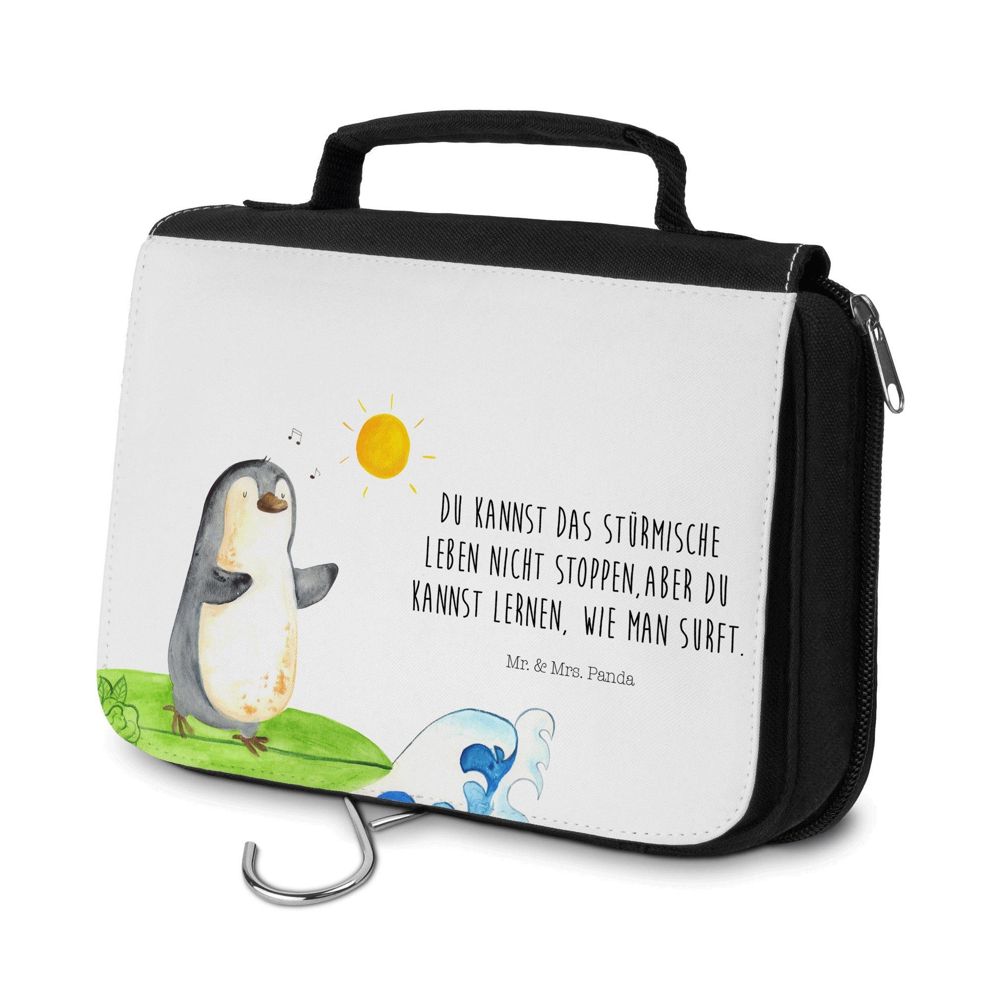Mr. & Mrs. Panda Kulturbeutel Pinguin Surfer - Weiß - Geschenk, Herren, Portugal, Hawaii, Damen, Ku (1-tlg)