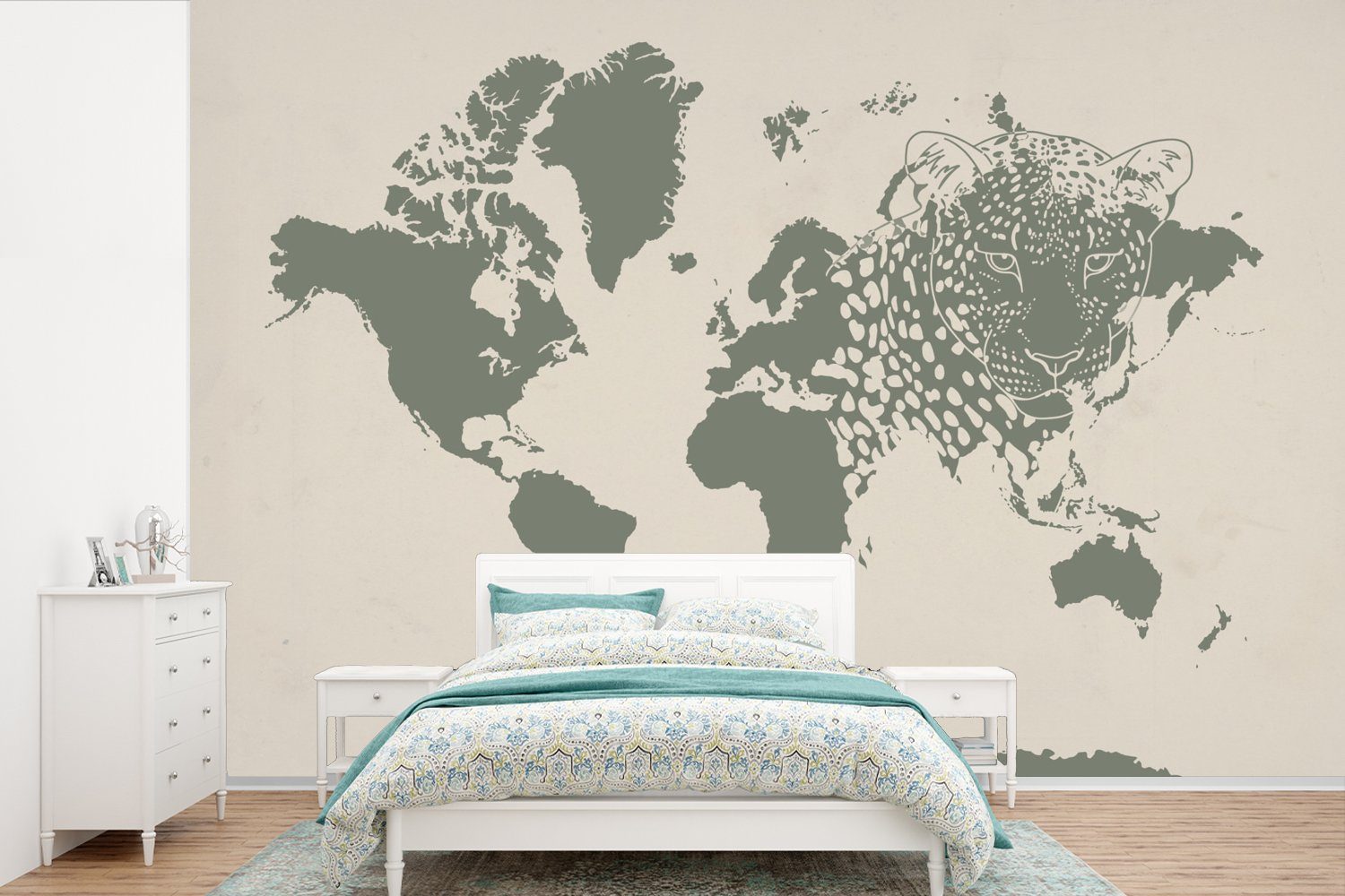 (6 bedruckt, - - Tiere MuchoWow Leopard, St), Weltkarte Vinyl Wallpaper für Tapete Schlafzimmer, Wohnzimmer, Kinderzimmer, Fototapete Matt,