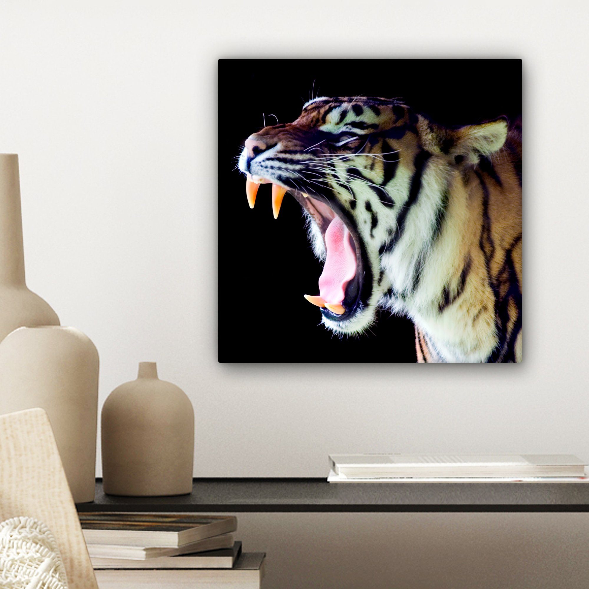 OneMillionCanvasses® Leinwandbild Tiger Leinwand für Zähne Schlafzimmer, 20x20 (1 St), Porträt, Bilder Wohnzimmer cm - 