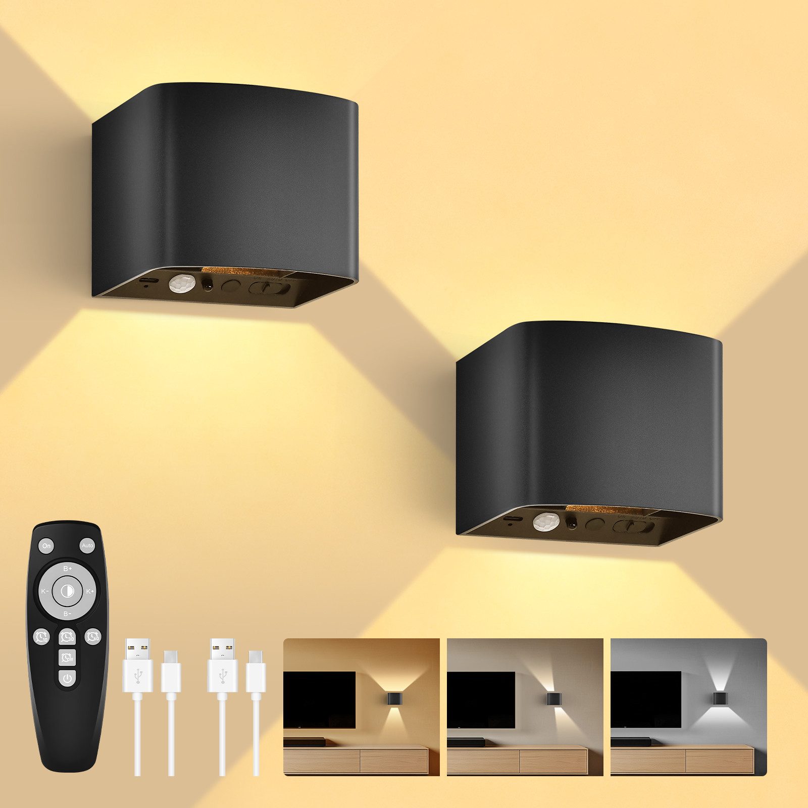 GeyouLux Wandleuchte 5000mAh Aufladbare Wandleuchte Innen, Fernbedienung & Dimmbar, LED-Lampen, LED Wandlampe mit Bewegungsmelder, 2 Stück