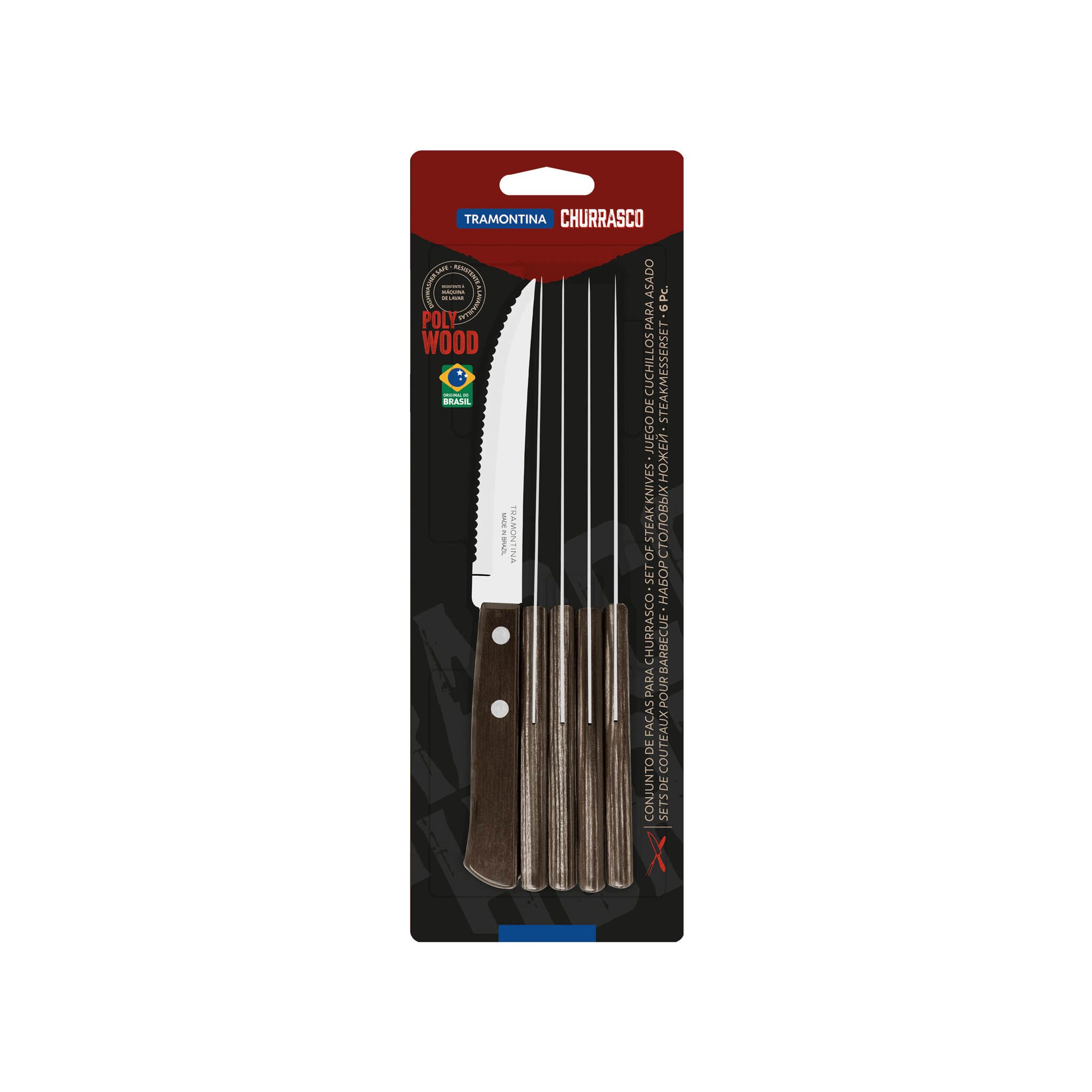 Tramontina Steakmesser Pizzamesser Set, im 6er Set – mit Holzgriff (6 Stück), FSC Holzgriff, rostfreier Edelstahl, Wellenschliff, spülmaschinenfest
