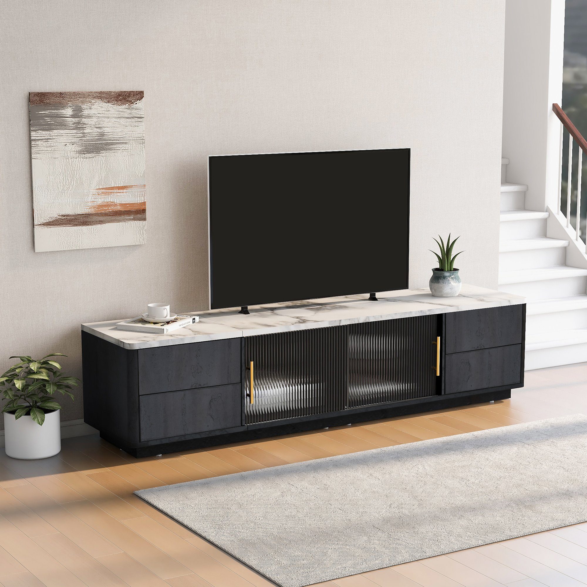 Odikalo TV-Schrank TV marmorierte Grau Sideboard Ständer Push-to-Open-Funktion Schubladen